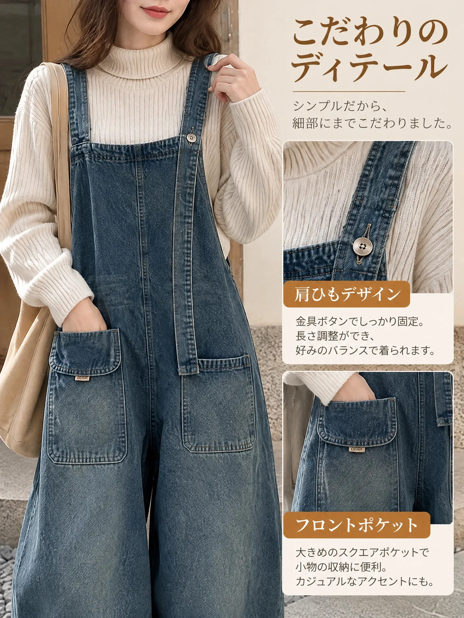 【レディース デニムサロペット アシンメトリーショルダー ワイドパンツ ポケット付き 】