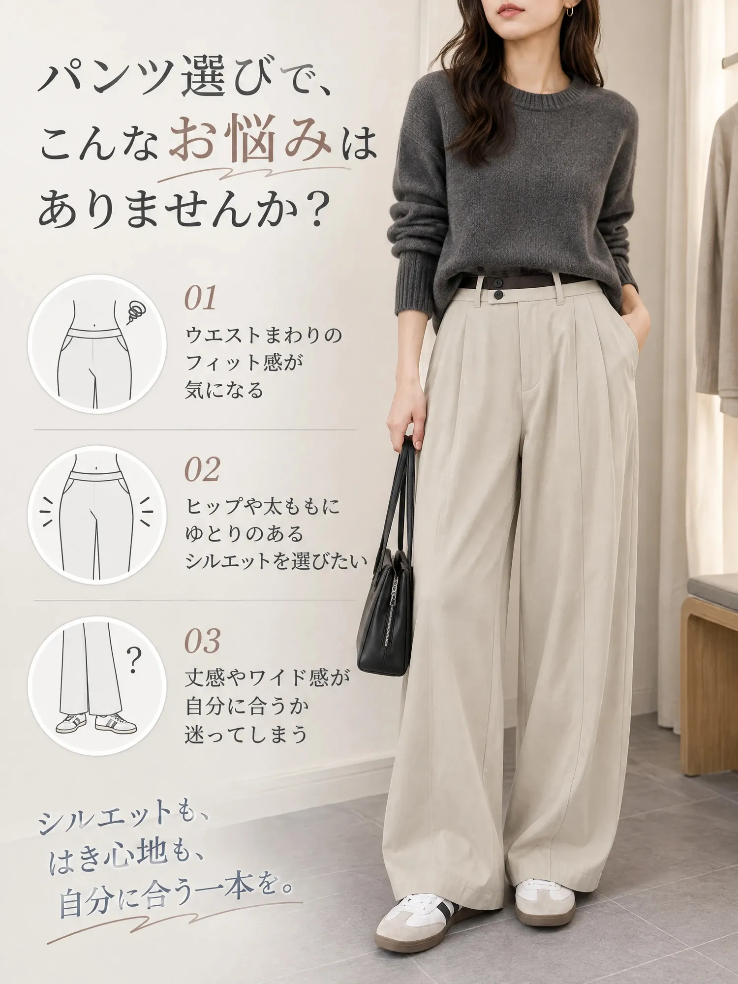 SOSOVE‐レディース 配色切替 二重ウエスト 落ち感 細見え カーブワイドパンツ