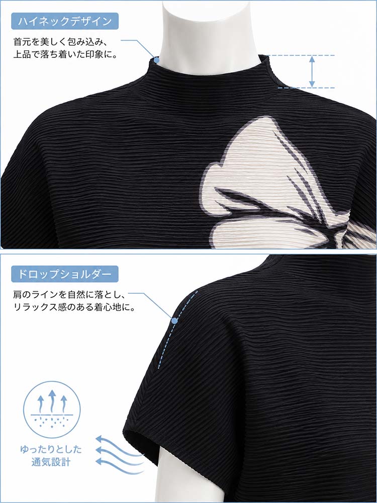 【洗練された通勤の必須アイテム】白黒リボンプリント、程よい凹凸感のあるプリーツブラウス-sosove