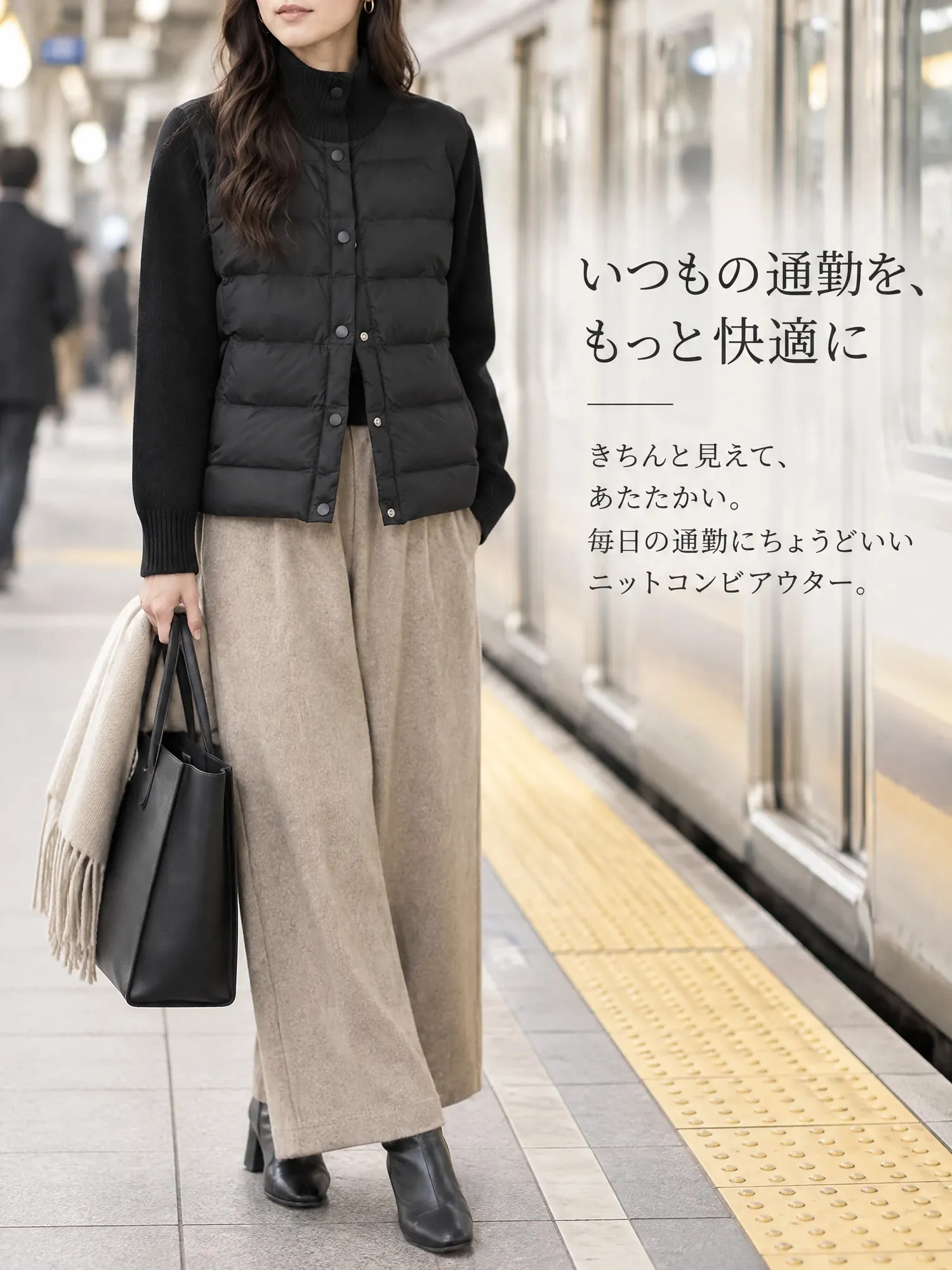 【軽くて暖かい パールフリース×ニット切り替えスタンドカラージャケット】