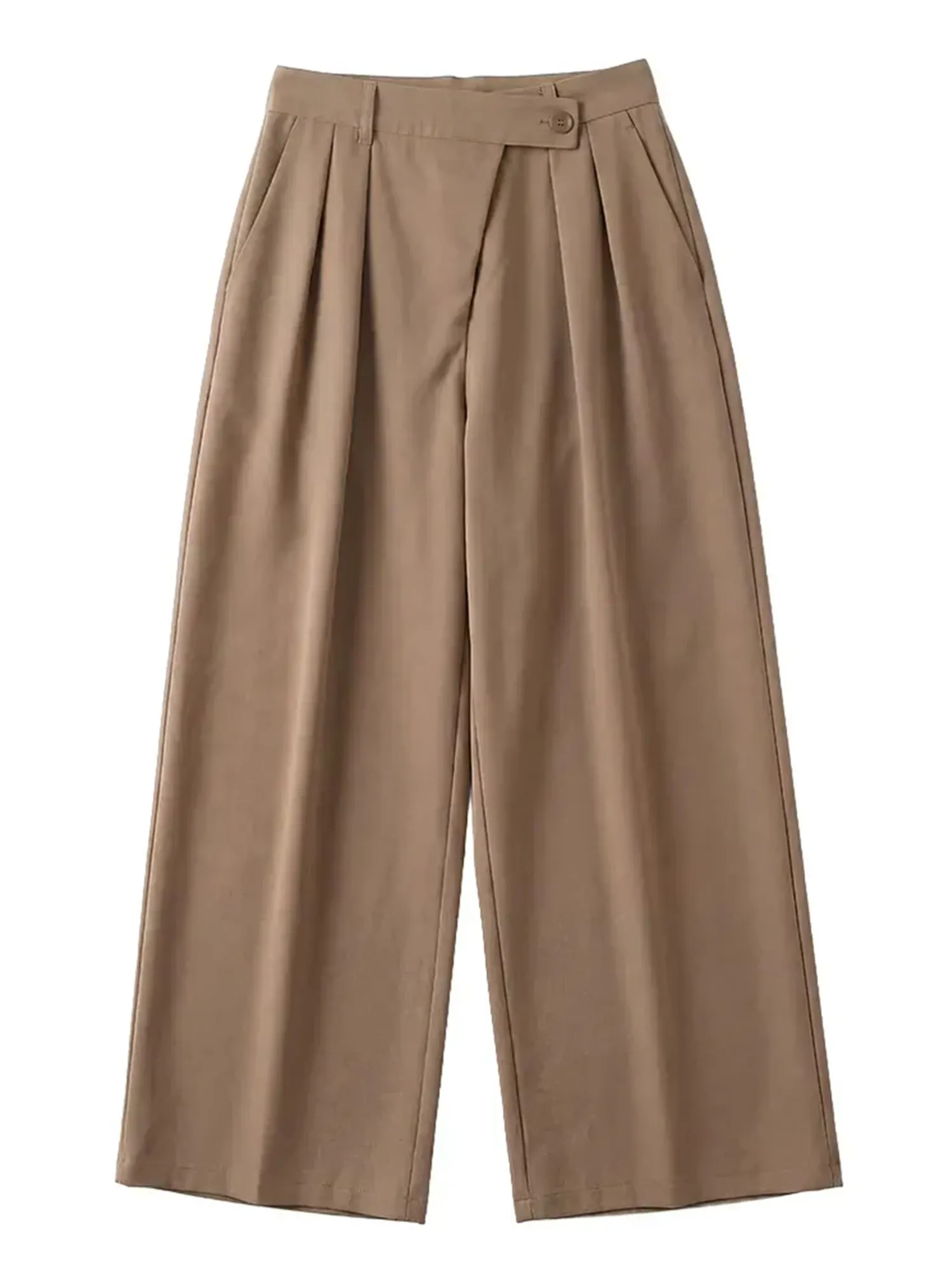 【アシンメトリーハイウエストワイドパンツ】折り込み斜め前立て、ドレープスラックス。前すっきり後ろゆとりで快適。