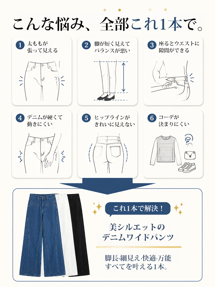 【リボン付き】ハイウエスト＆細見え効果抜群のワイドデニムパンツ。理想的なシルエットを叶えます。-sosove