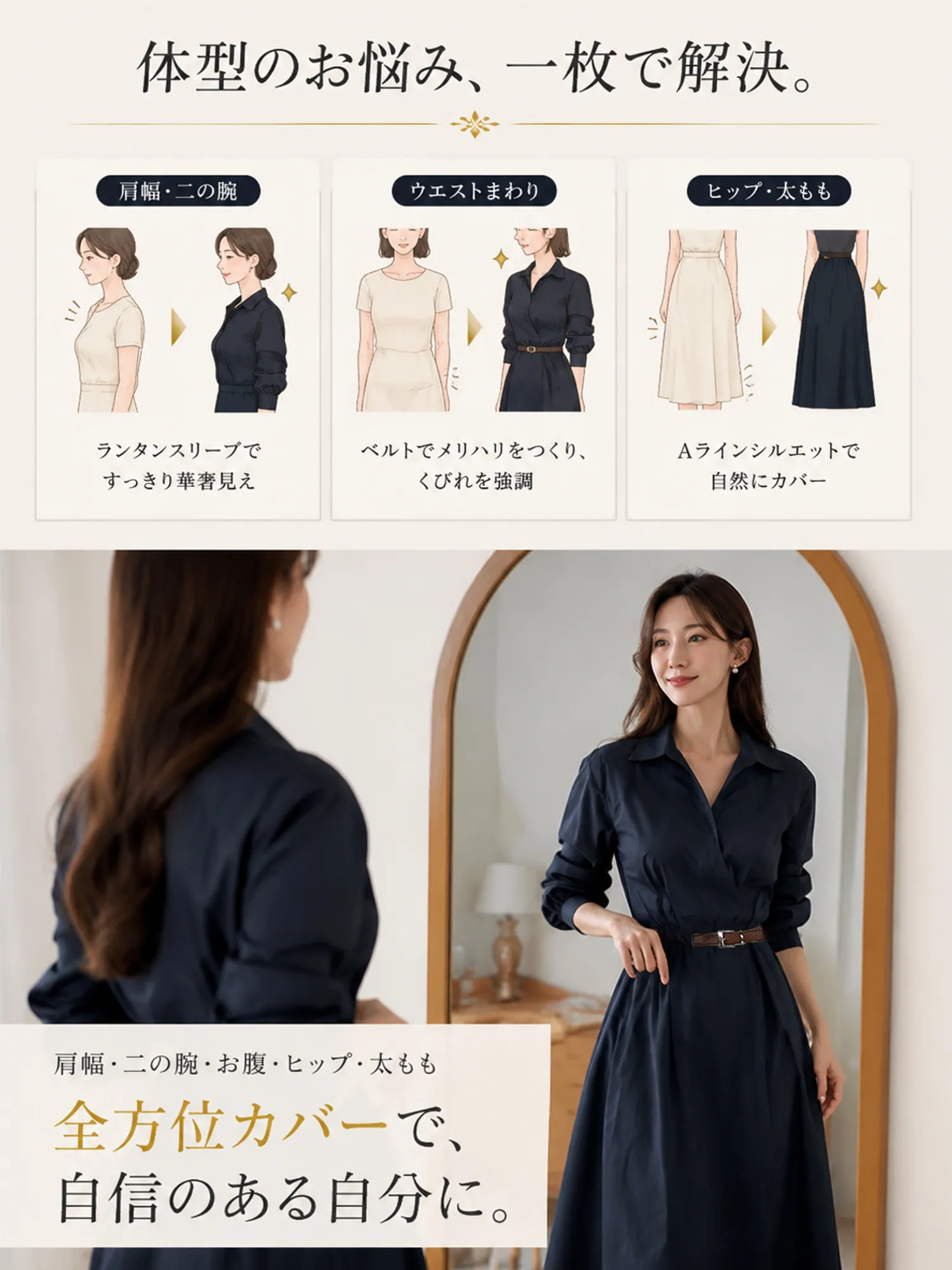 【Vネックラペル】ウエストマーク細見えプリーツ長袖シャツワンピース