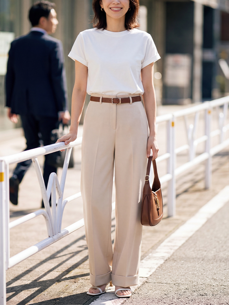 【ベルト付き、テーラードワイドパンツ】ハイウエスト、ベルト付き。細見えシルエット、脚長補正効果抜群、通勤にも万能。
