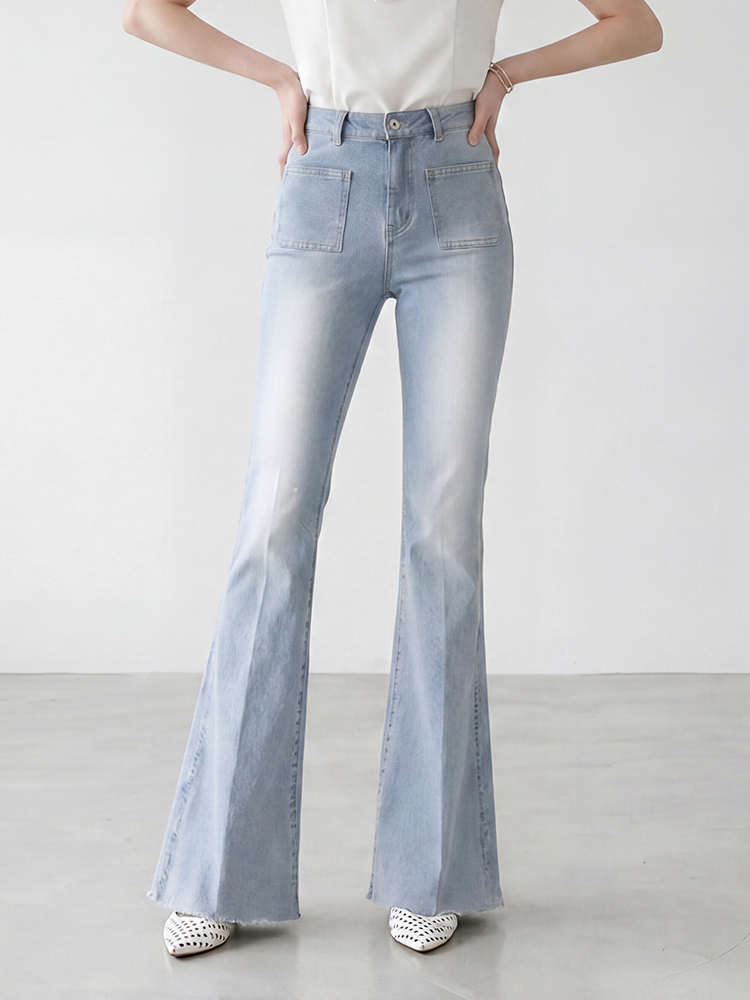 sosove-双兜磨白牛仔微辣长裤