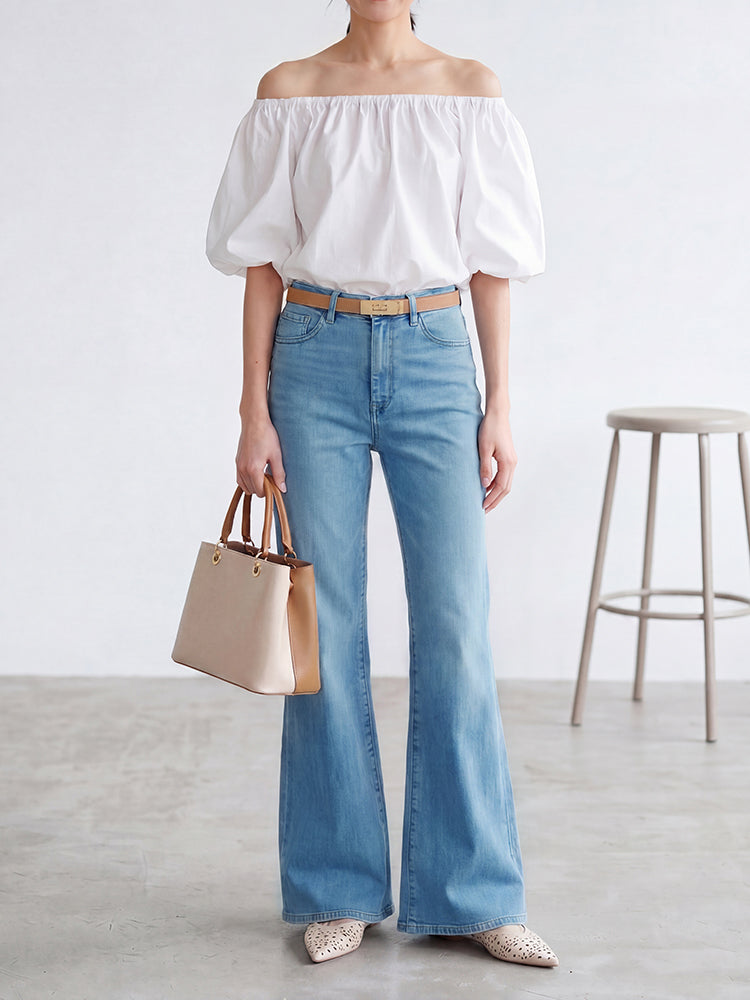 【ドレープハイウエスト微フレアジーンズ】柔らか素材・シワ知らず・脚に貼りつかない・脚長補正・万能シーン対応