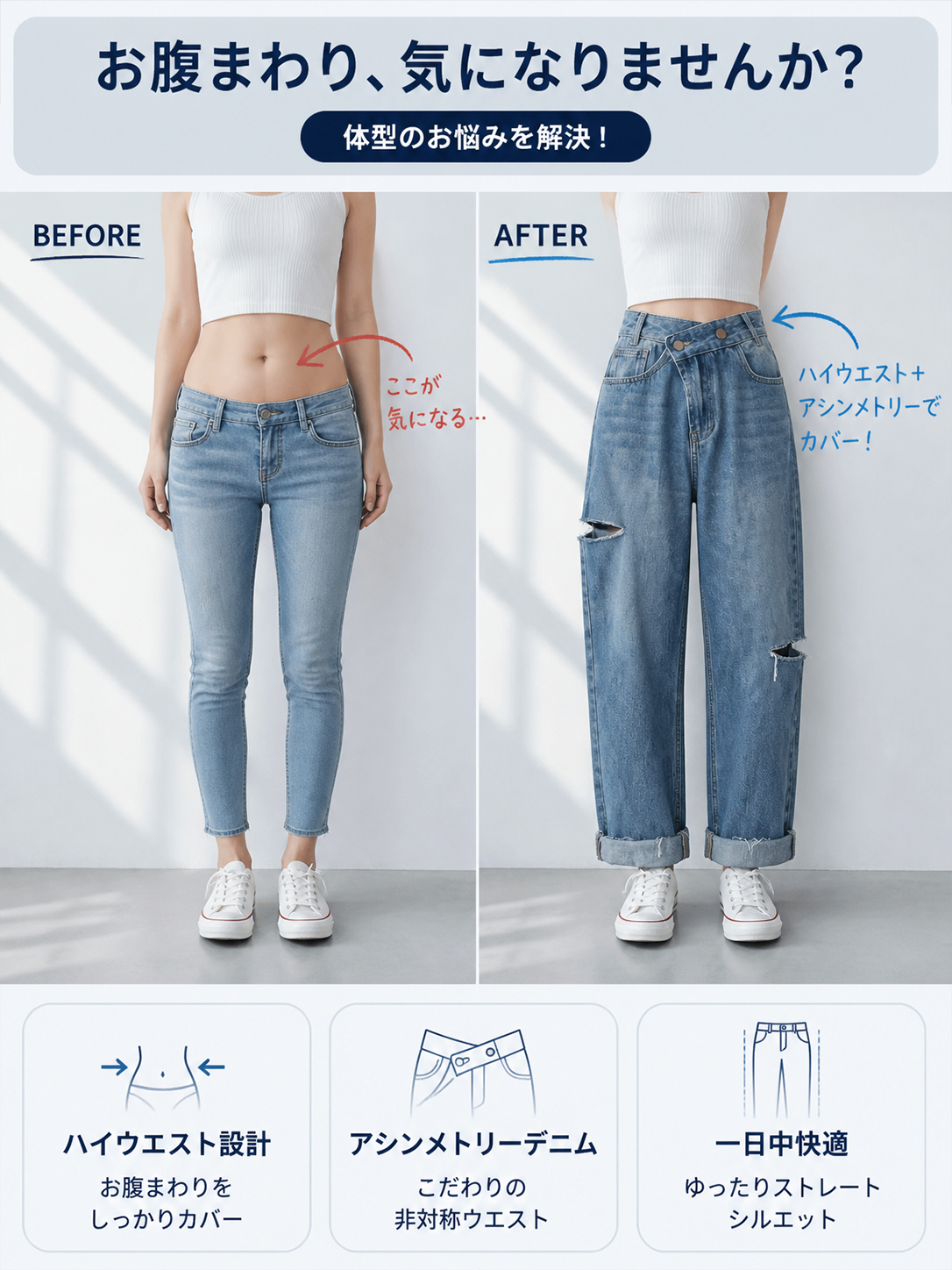 【アシンメトリーハイウエストゆったりダメージジーンズ】非対称クロスウエスト、上品な膝上ダメージ、ヴィンテージほつれ加工。ハリのあるエアリーワイドシルエット。-sosove