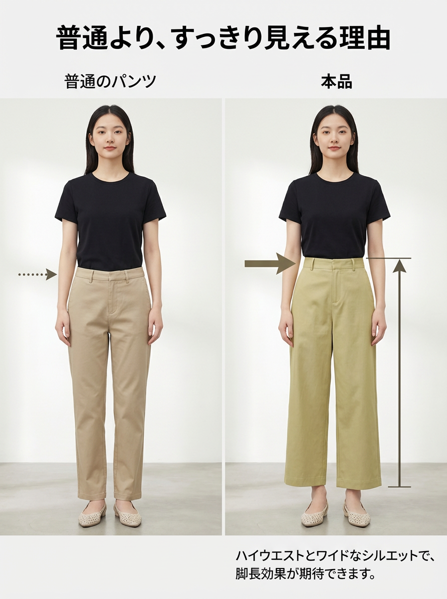 【ヴィンテージ クロップドストレートパンツ】ハイウエスト・バックポケットフラップ付き。軽やかな素材でスタイルアップ、通勤にも上品さをプラス
