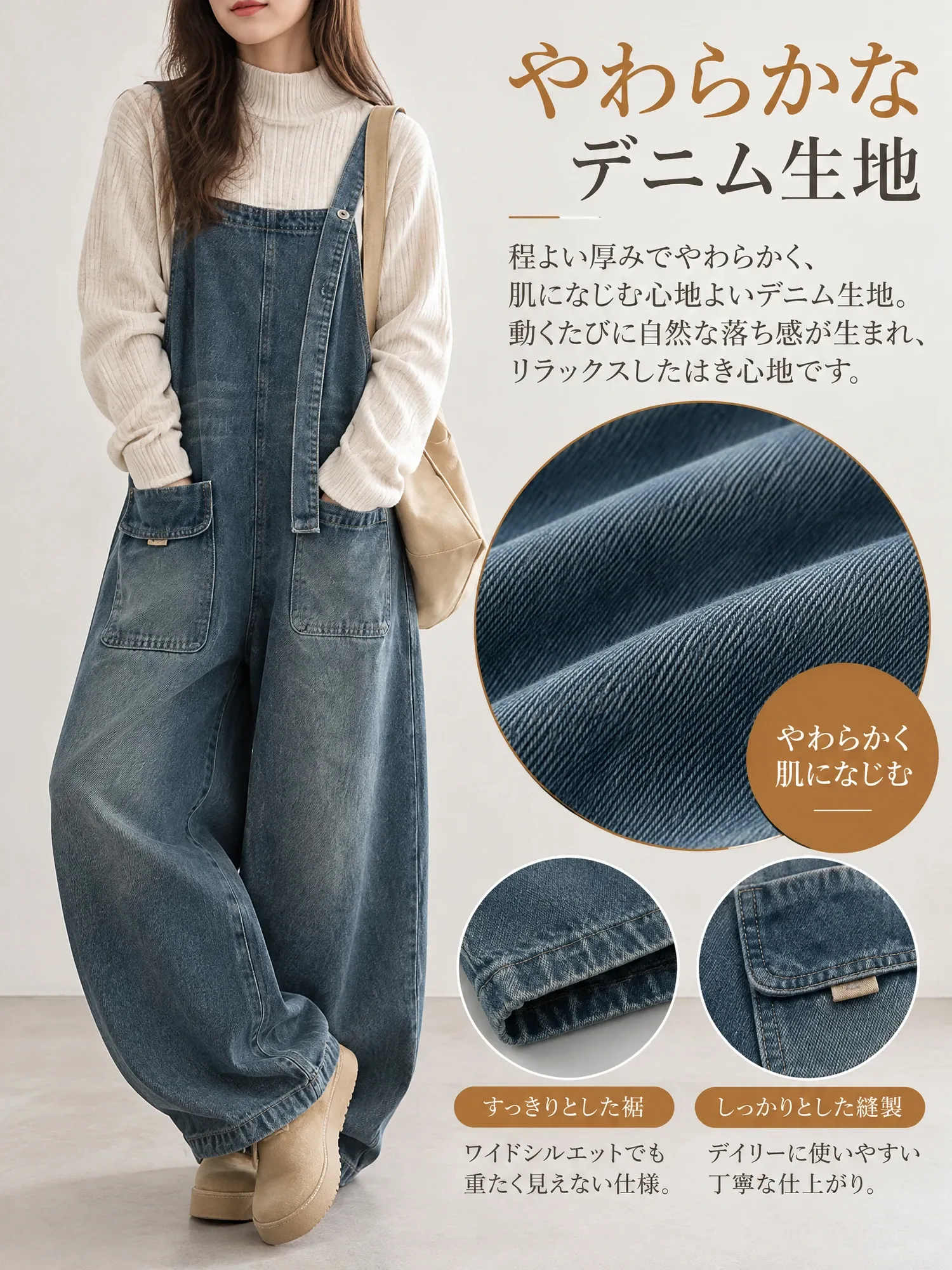 【レディース デニムサロペット アシンメトリーショルダー ワイドパンツ ポケット付き 】