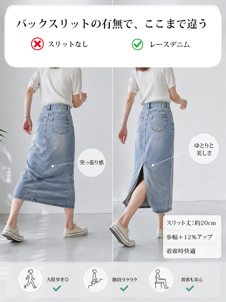 【最強カバーレーススカート】快適さと美しさを両立。高品質デニムにレースあしらいで、リラックスした上品さを演出。
