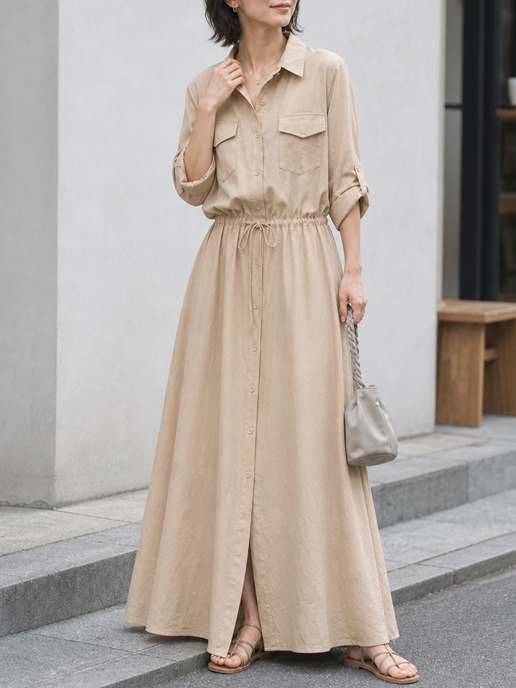襟付き・ミモレ丈・カジュアル・長袖シャツワンピース