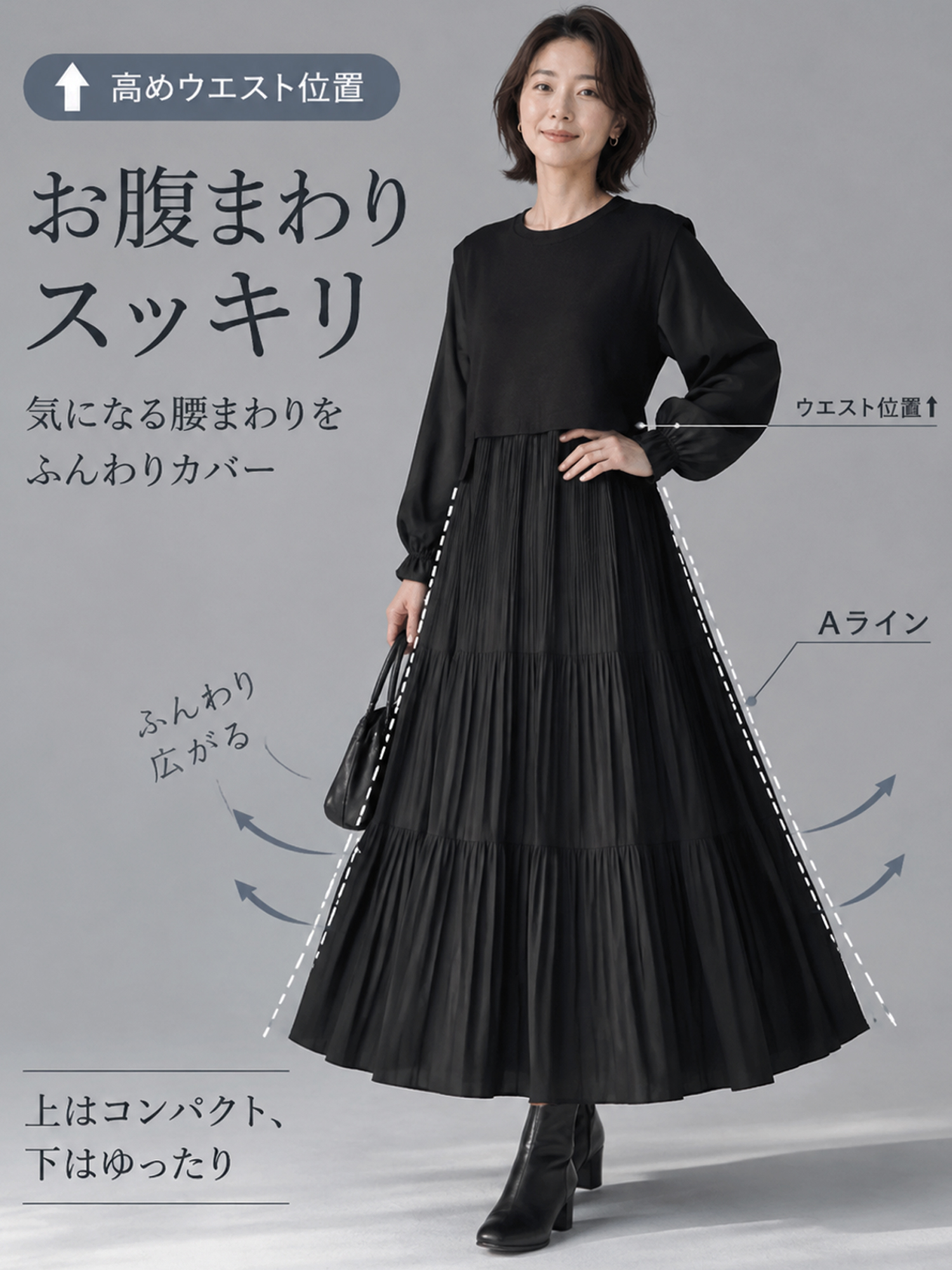 【2WAY バックボタンリボントップス付き チェック柄ギャザーワンピースセット】