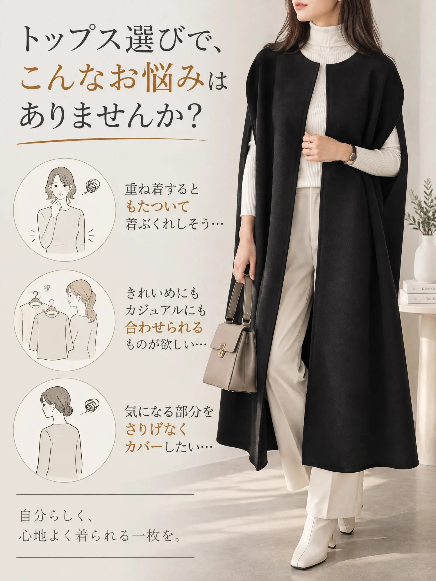 SOSOVE‐ビッグシルエット ウール調 大人っぽい ケープコート／ポンチョアウター
