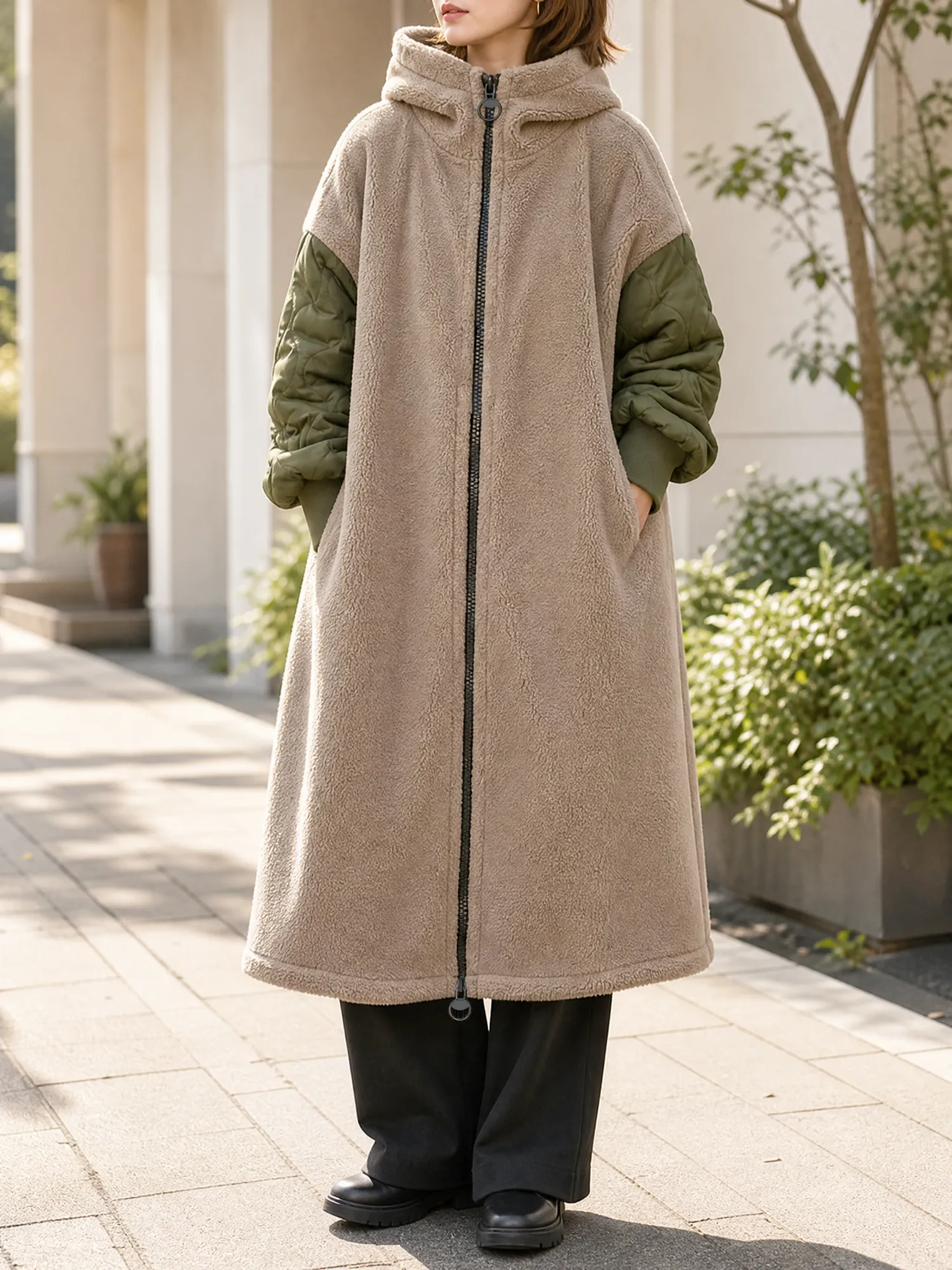【シープボア切替 中綿入りゆったりロングコート】
