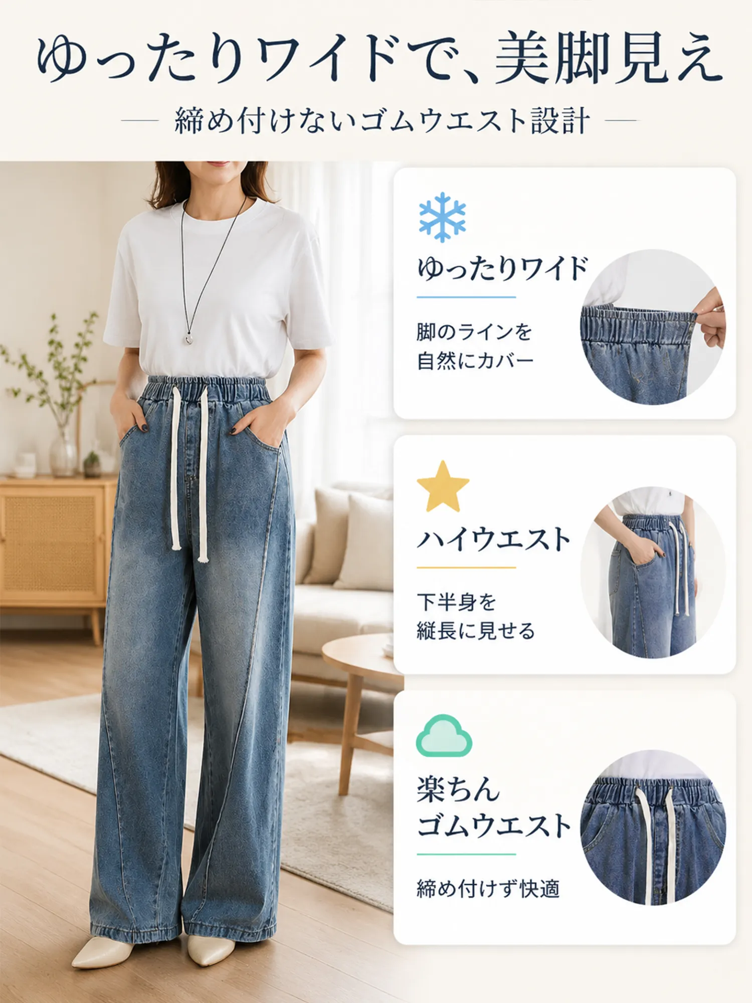 【黄金比バランス設計】腰まわりをカバーするハイウエストデニムパンツ