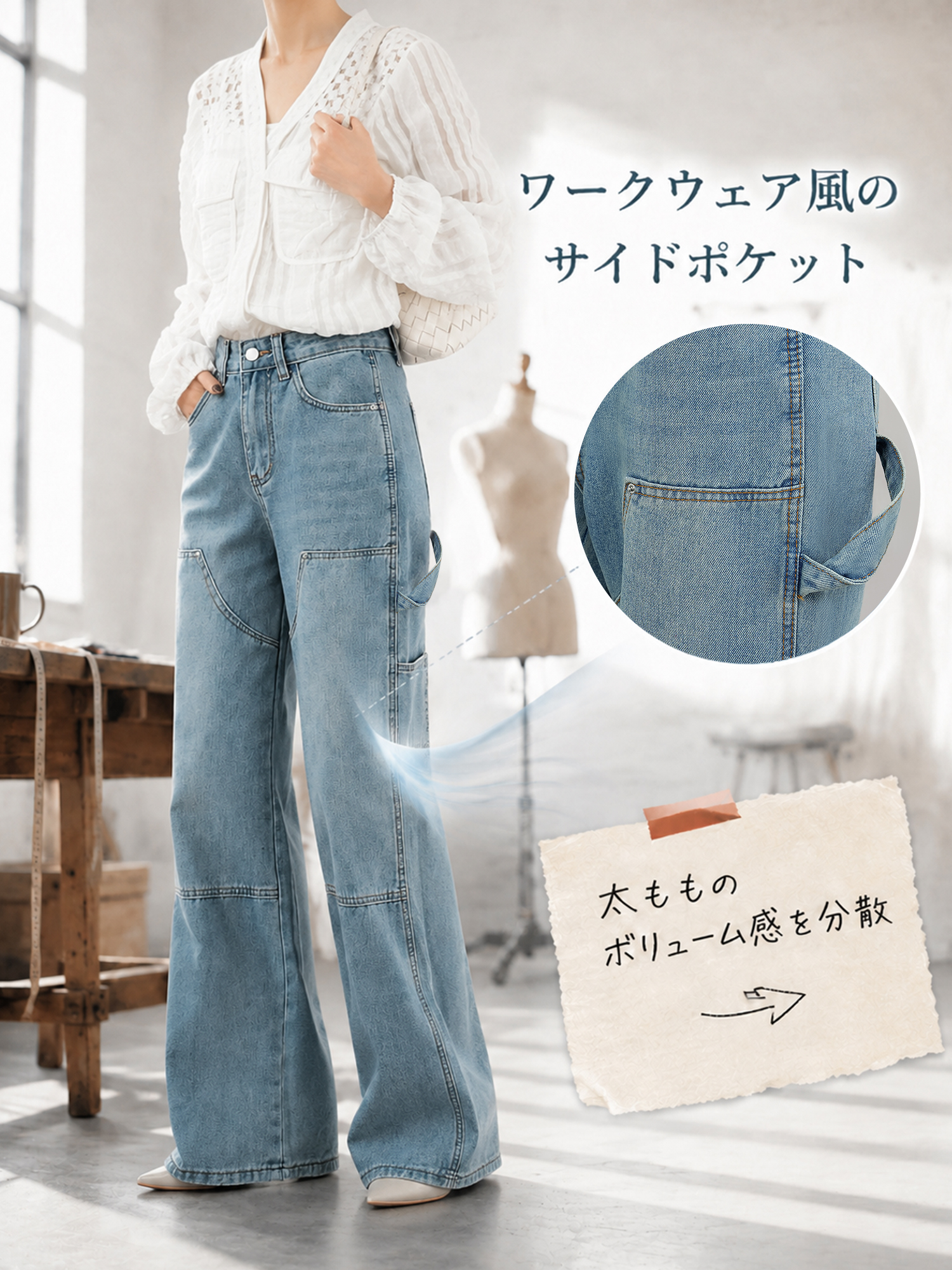 【アメリカンヴィンテージ風ウォッシュ加工 ワークデニムストレートパンツ】