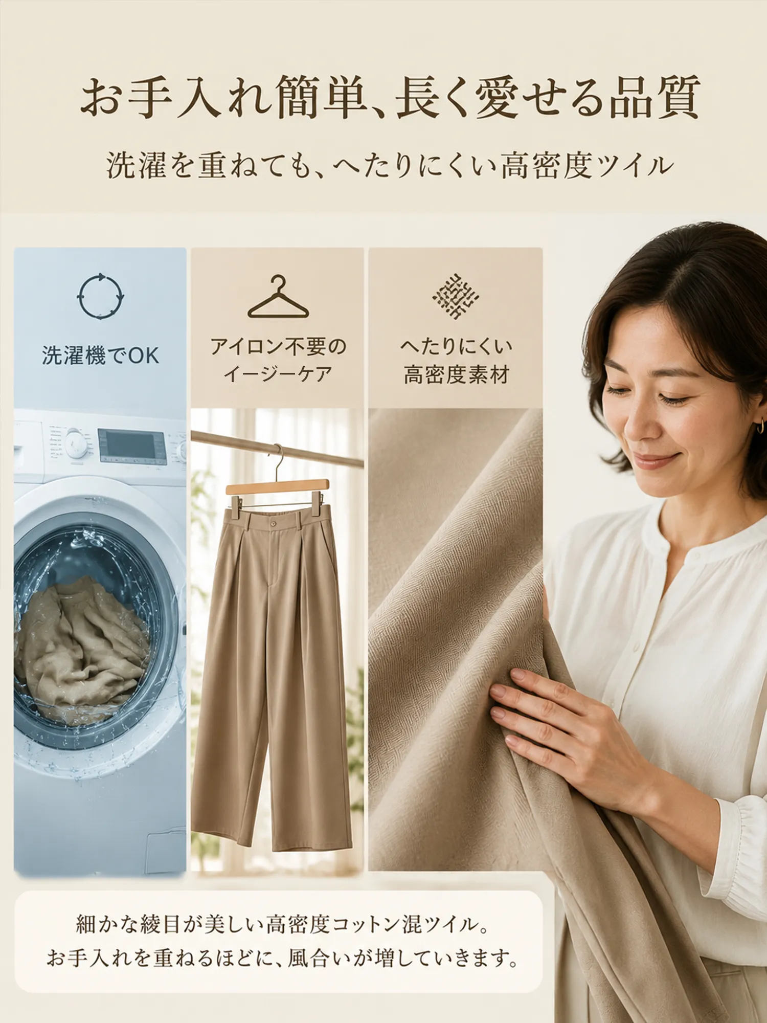【ダレ感プリーツゆとりワイドパンツ】スーツの高さをキープする「インタック」を採用し、お腹を押さえて少し突き出し、骨盤を横に広げるようにしました。
