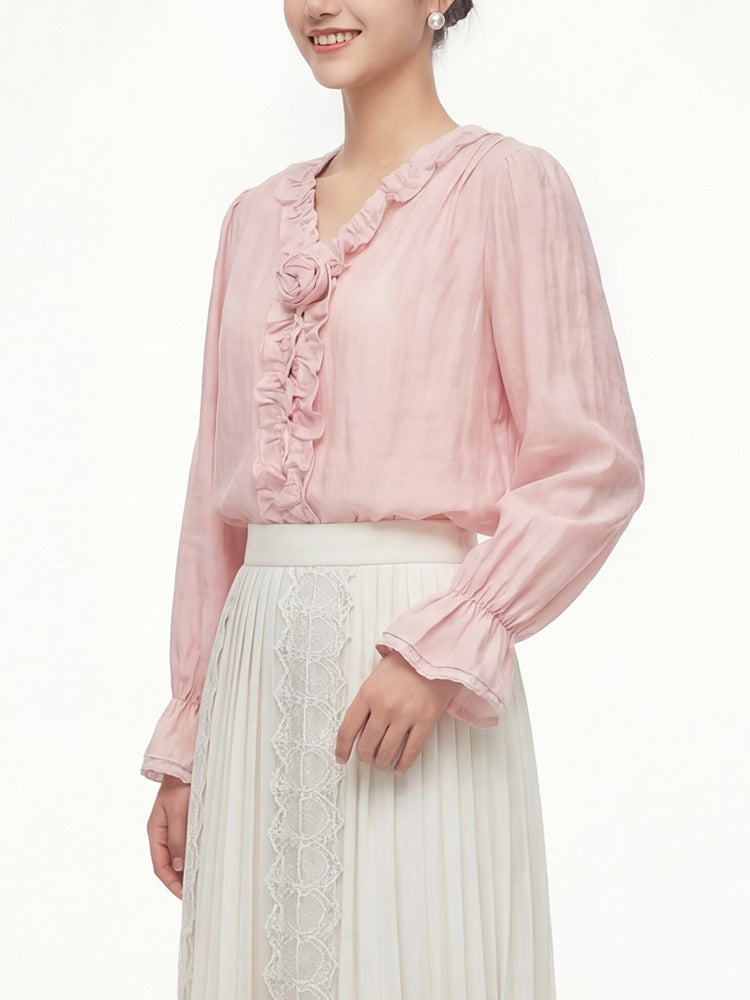 【フレンチシャツ】フリル & 立体フラワーで優しい雰囲気、薄手で通気性抜群、軽やかな着心地