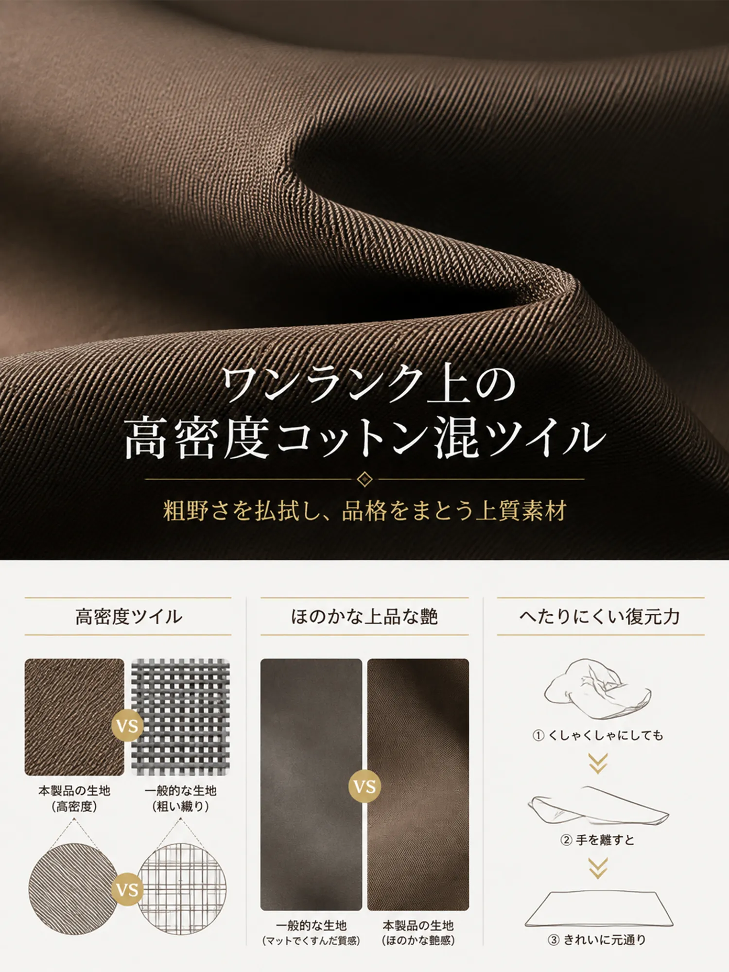 【ダレ感プリーツゆとりワイドパンツ】スーツの高さをキープする「インタック」を採用し、お腹を押さえて少し突き出し、骨盤を横に広げるようにしました。