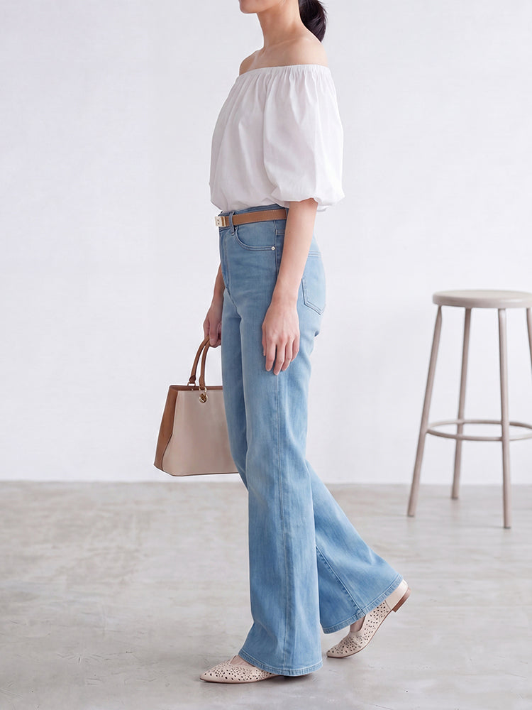 【ドレープハイウエスト微フレアジーンズ】柔らか素材・シワ知らず・脚に貼りつかない・脚長補正・万能シーン対応