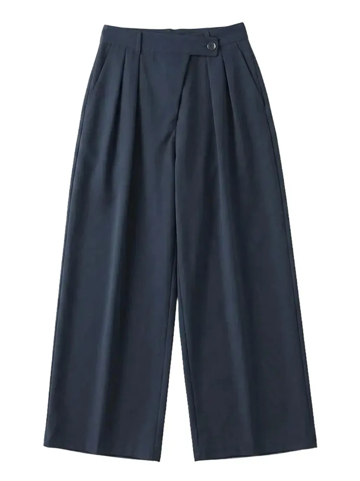 【アシンメトリーハイウエストワイドパンツ】折り込み斜め前立て、ドレープスラックス。前すっきり後ろゆとりで快適。