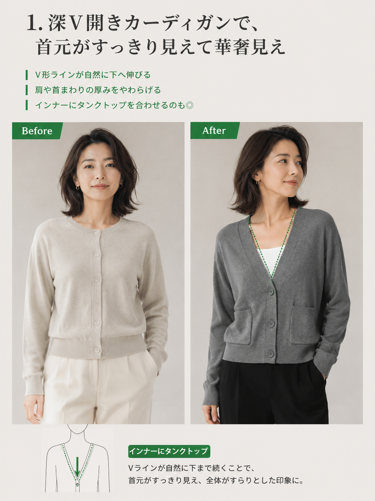 【深Vネック無地ニットカーディガン】 深めのVネックで首まわりをすっきり見せる、秋のレイヤードにぴったりなショート丈カーディガン。