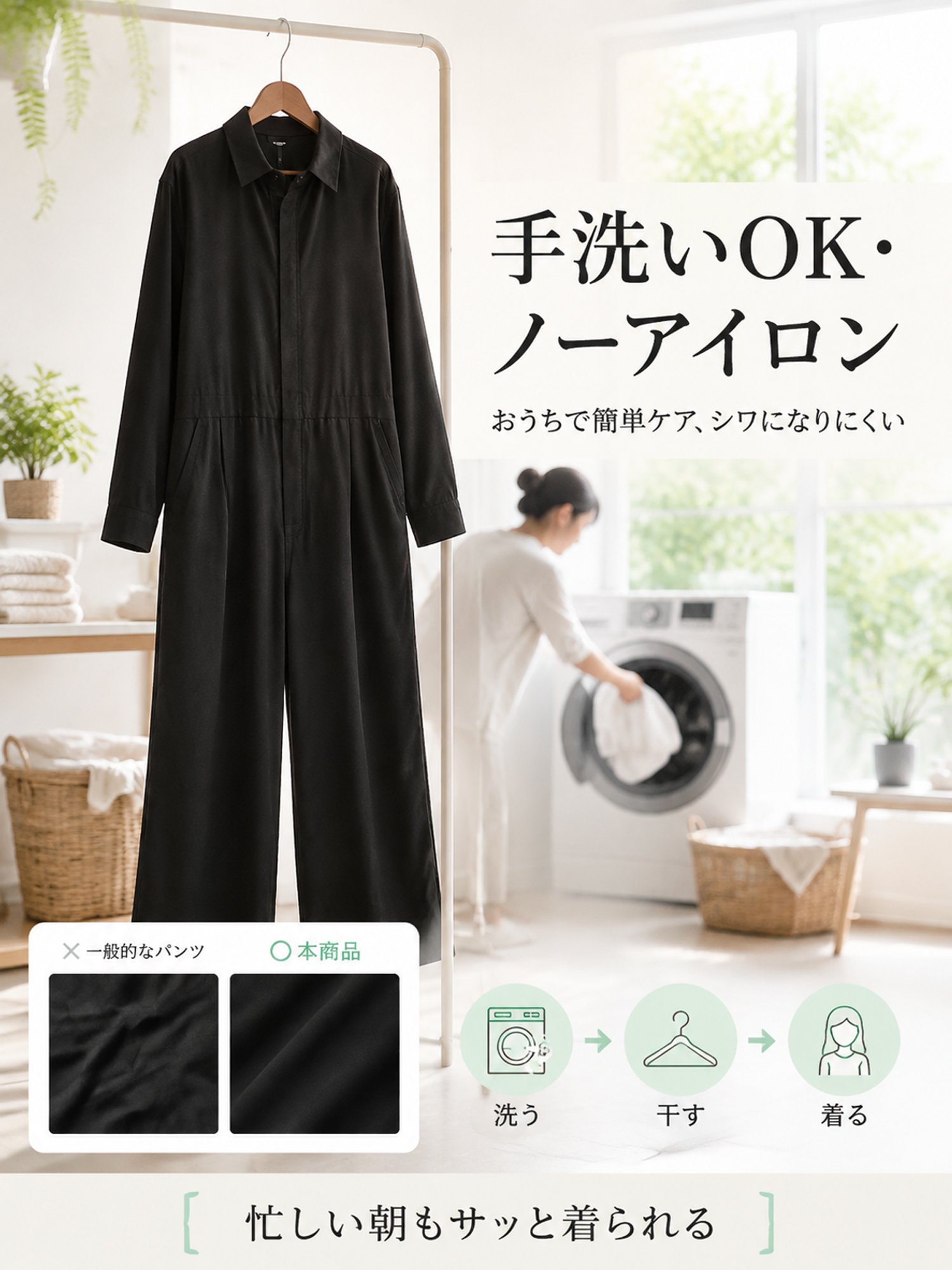 【ヴィンテージ風ポケット付きワークテイストオールインワン】デザインの着想は、「体型カバーをリラックス感の中に自然に取り入れること」。