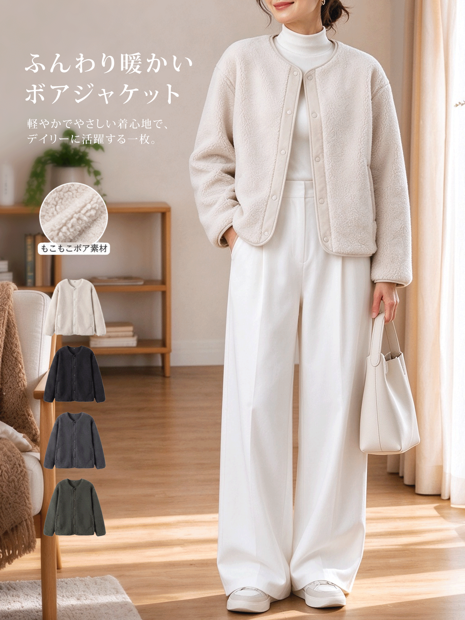 【ふんわりボアフリースの防風・保温クルーネックアウター】