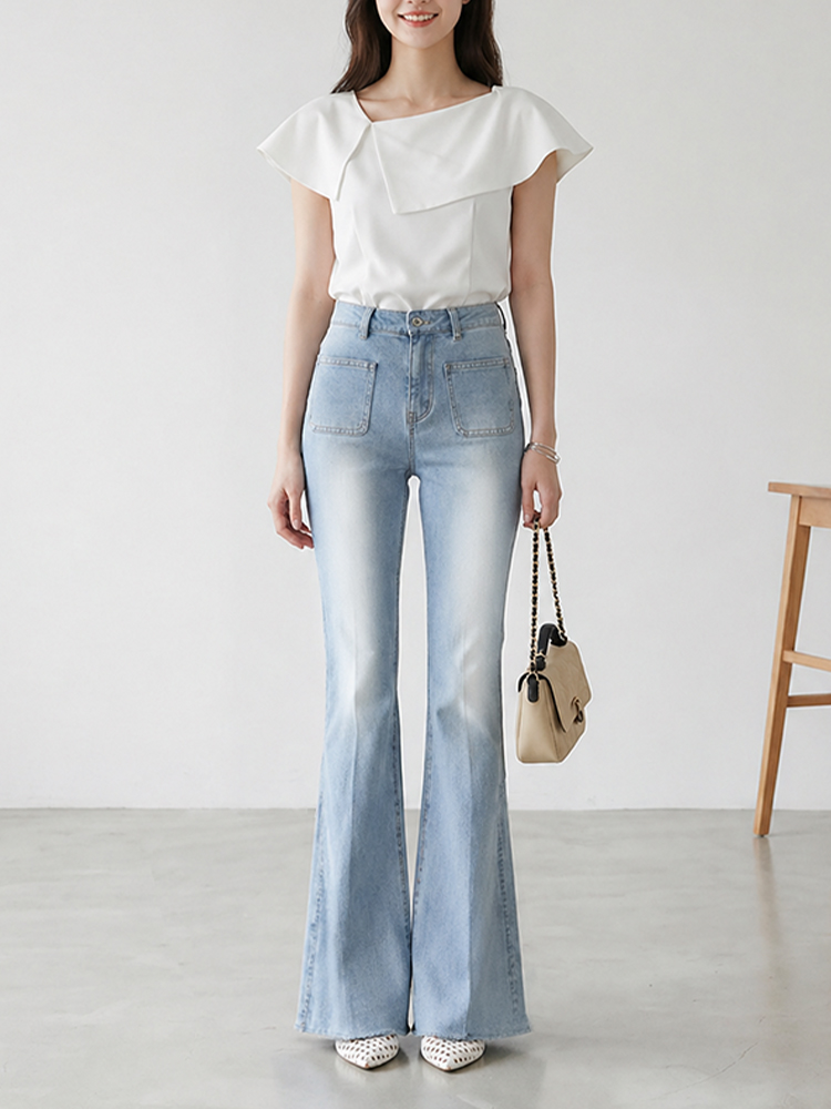 sosove-双兜磨白牛仔微辣长裤