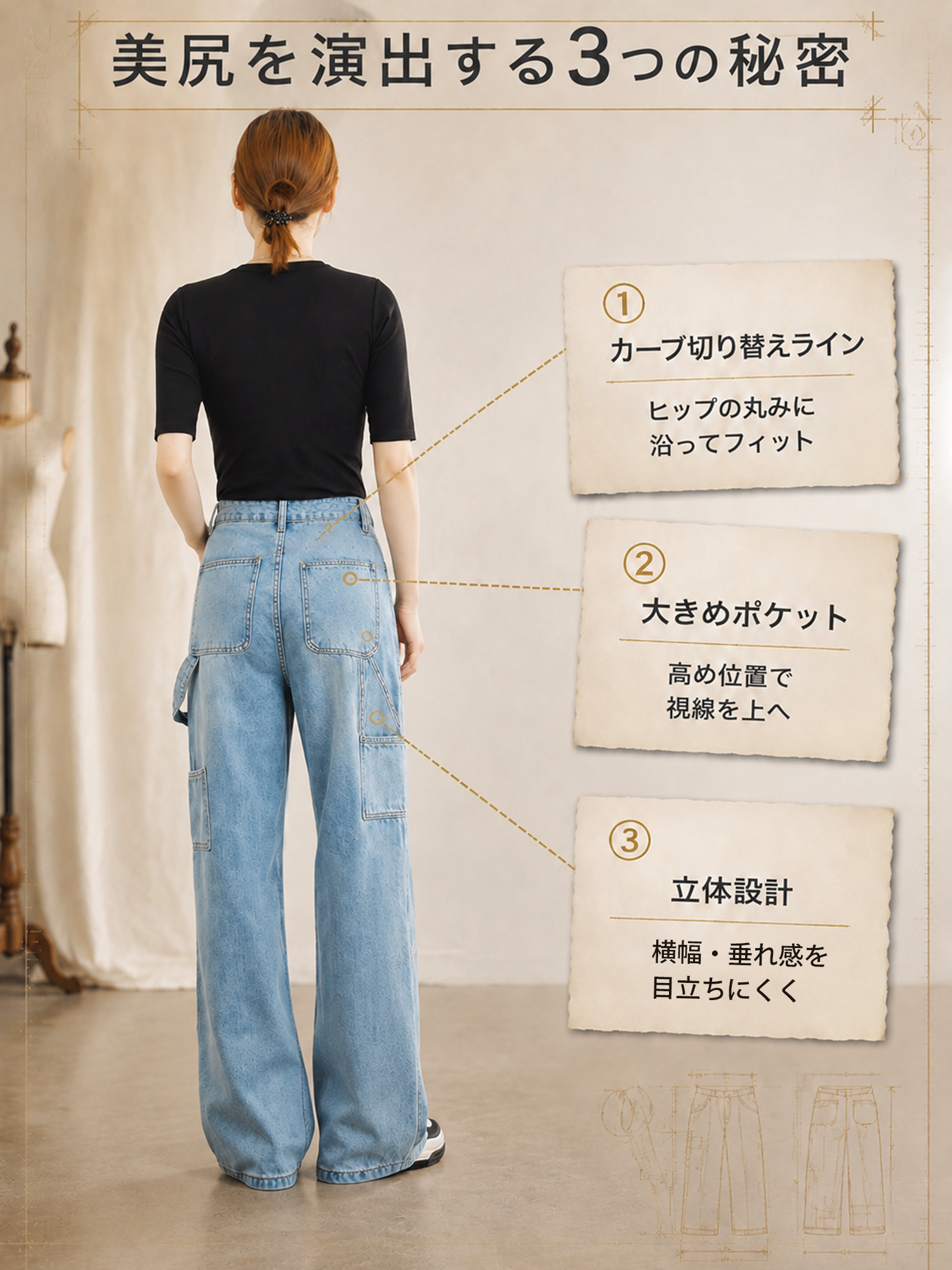 【アメリカンヴィンテージ風ウォッシュ加工 ワークデニムストレートパンツ】