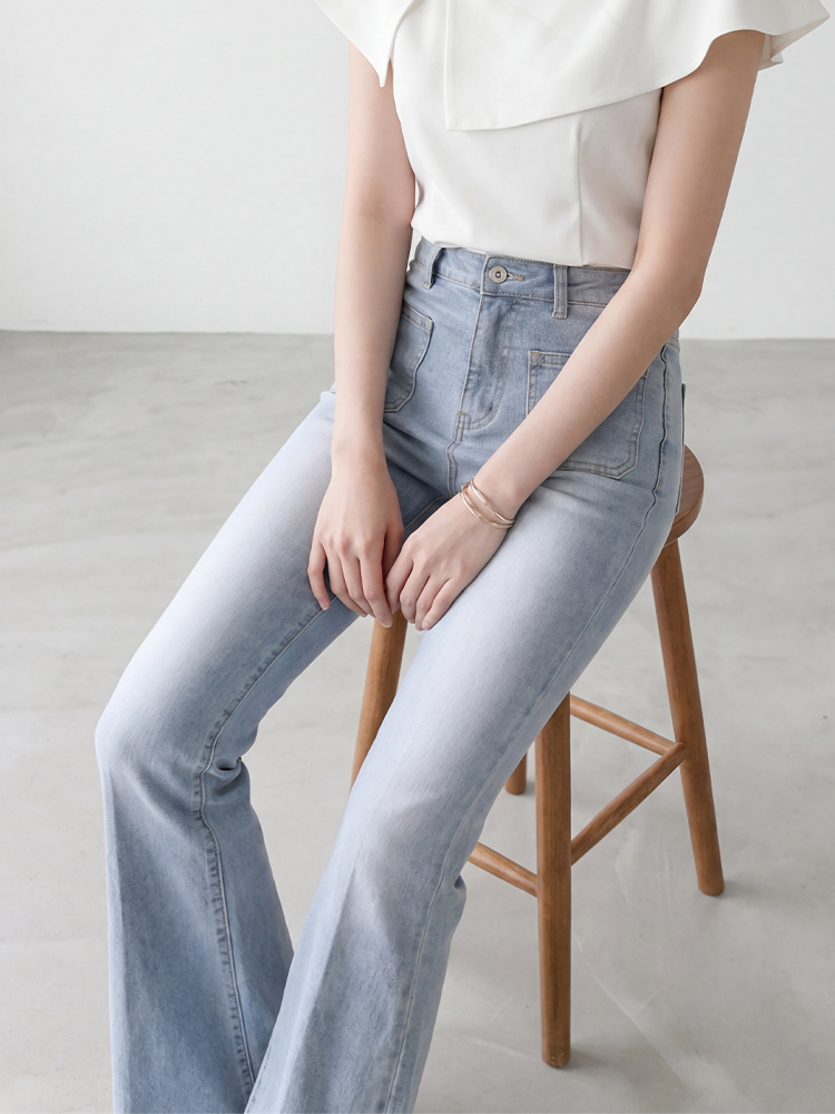 sosove-双兜磨白牛仔微辣长裤