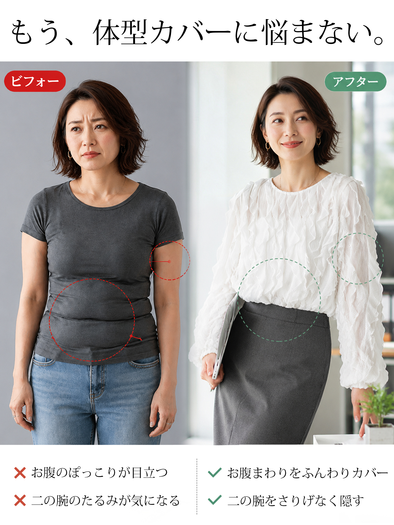 【ラッフルフリルとぽわん袖が華やかな ゆったり長袖デザインブラウス】 立体感のある縦フリルとボリューム感のあるぽわん袖が、二の腕やお腹まわりをすっきりと体型カバー。クラシカルで軽やかな華やかさと、一日中ストレスなく着られる快適さを兼ね備えた一枚です。