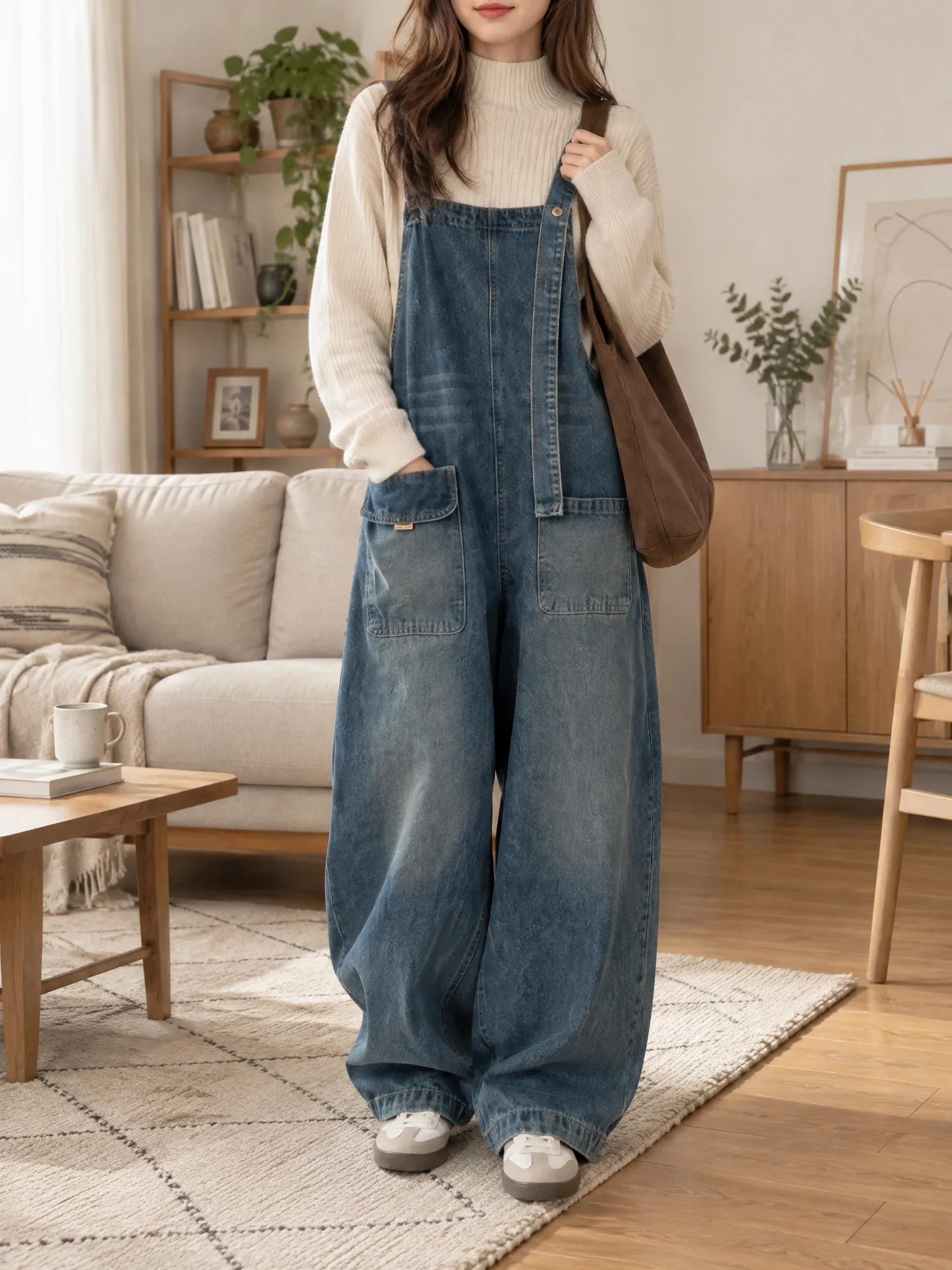 【レディース デニムサロペット アシンメトリーショルダー ワイドパンツ ポケット付き 】