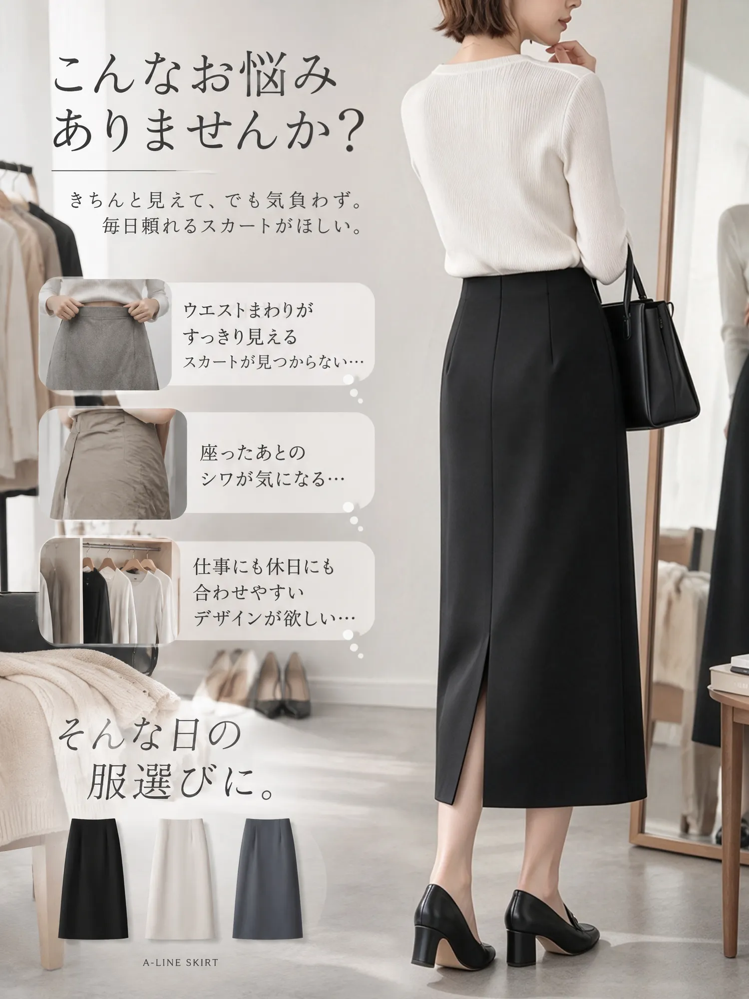【気品漂うバックベンツ ·  Aラインシルエット テーラードスカート】
