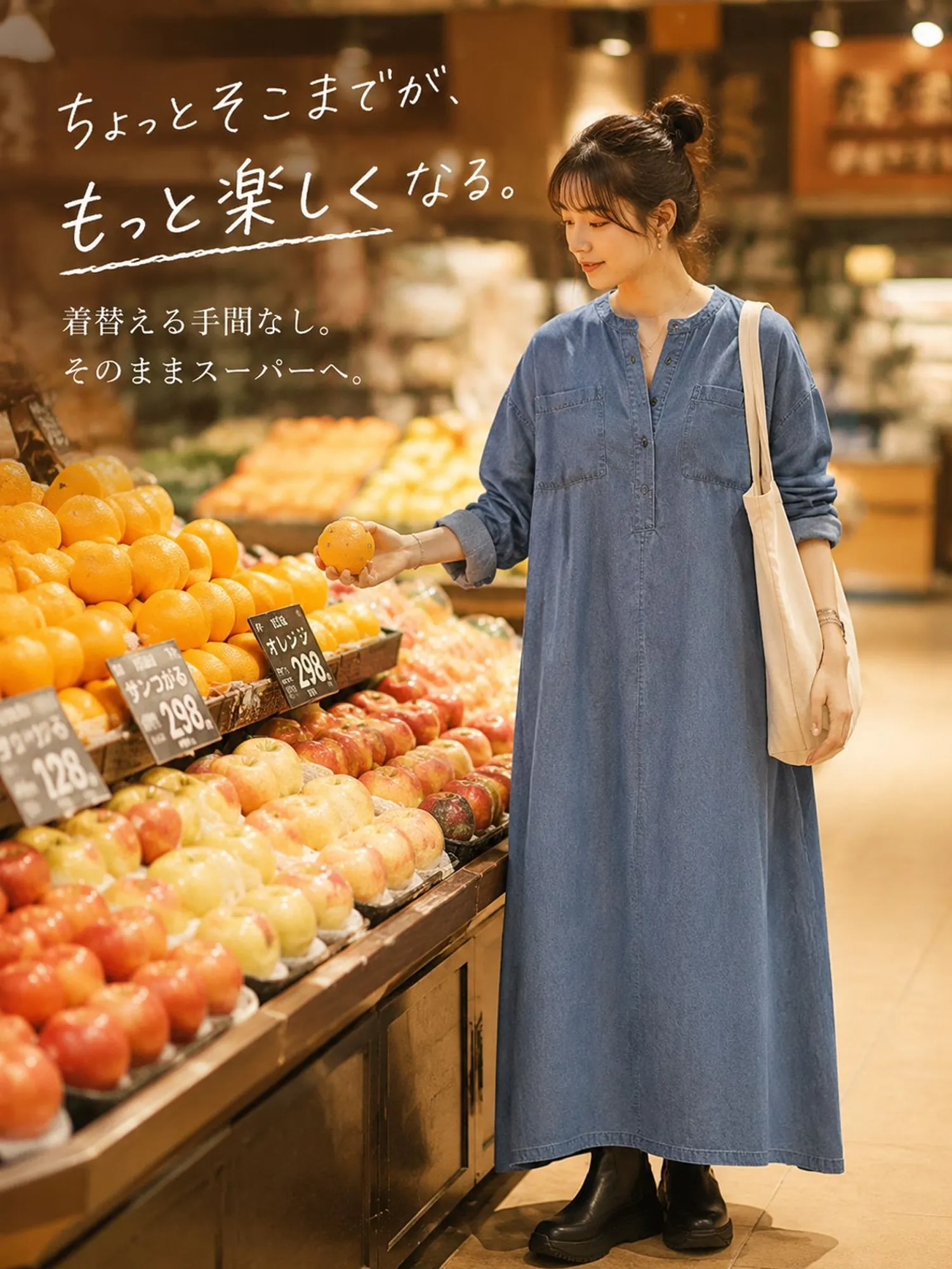 【ヴィンテージ風ルーズデニムシャツワンピース】ゆったりとしたストレートシルエットが、ウエスト・ヒップ・脚のラインを自然にカバー