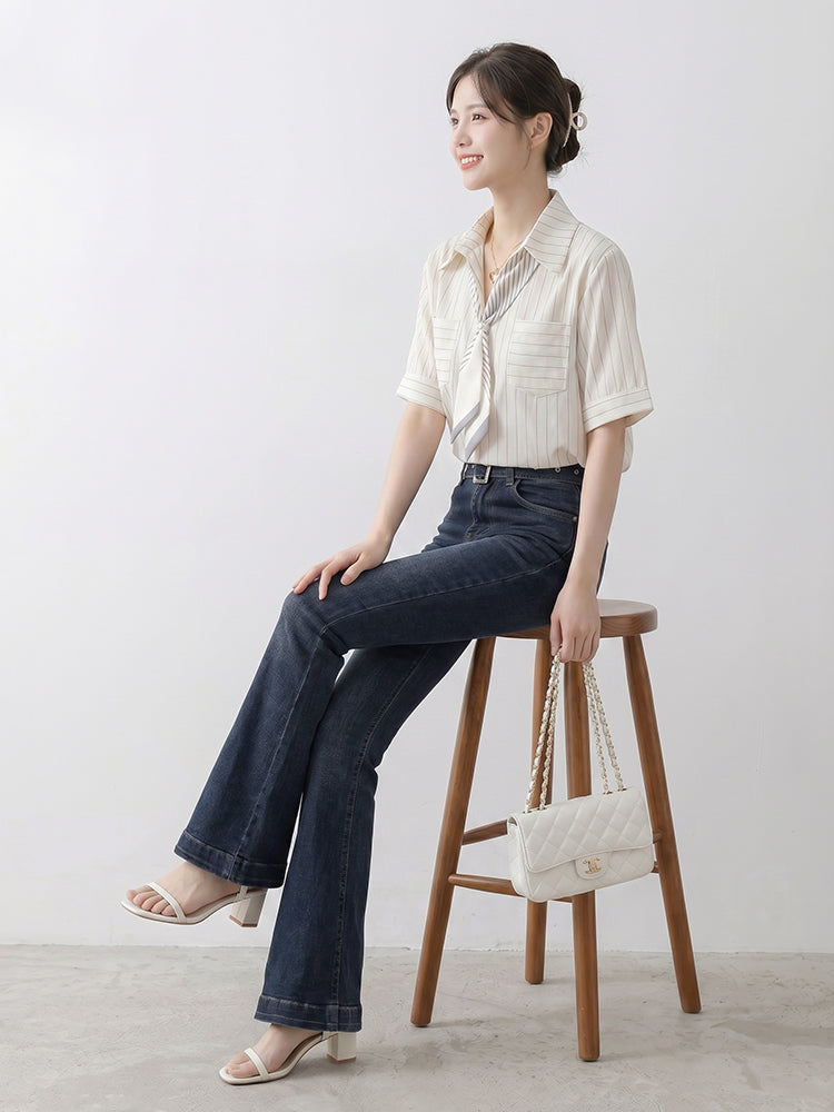 【ハイウエスト 微ラッパデニムパンツ】 ヒップアップ 脚長効果 スタイルアップ