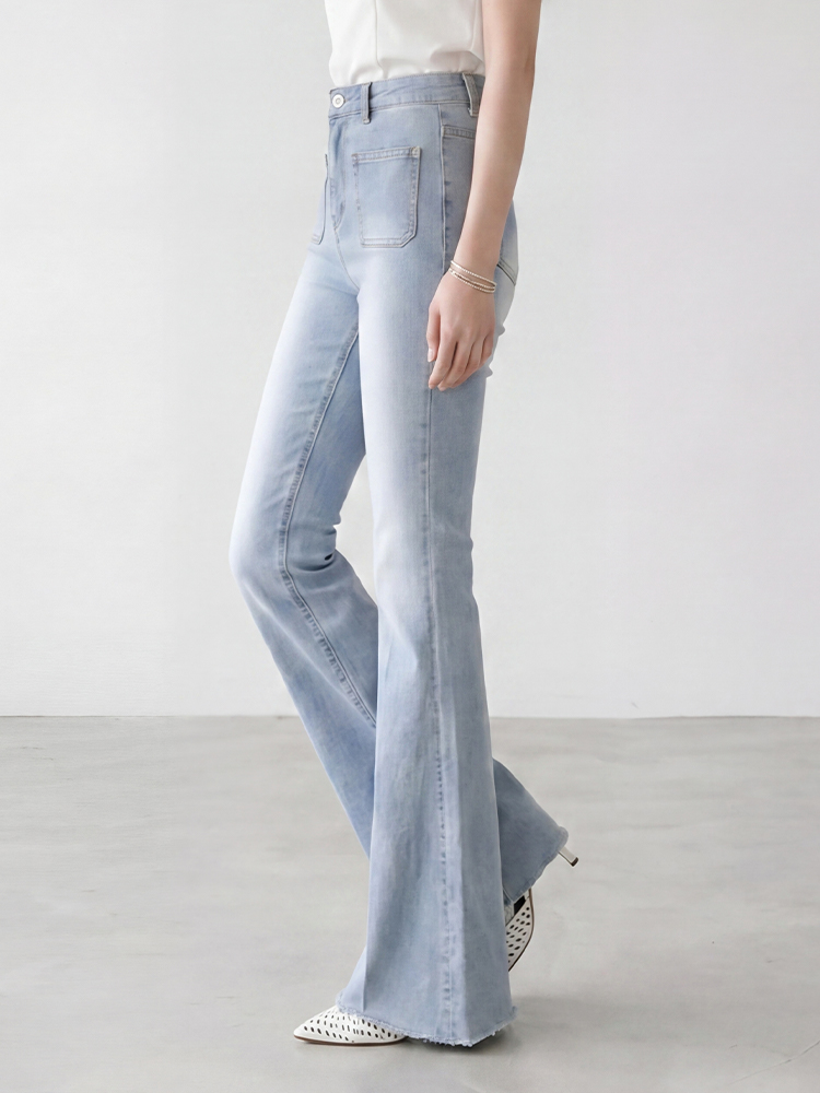 sosove-双兜磨白牛仔微辣长裤