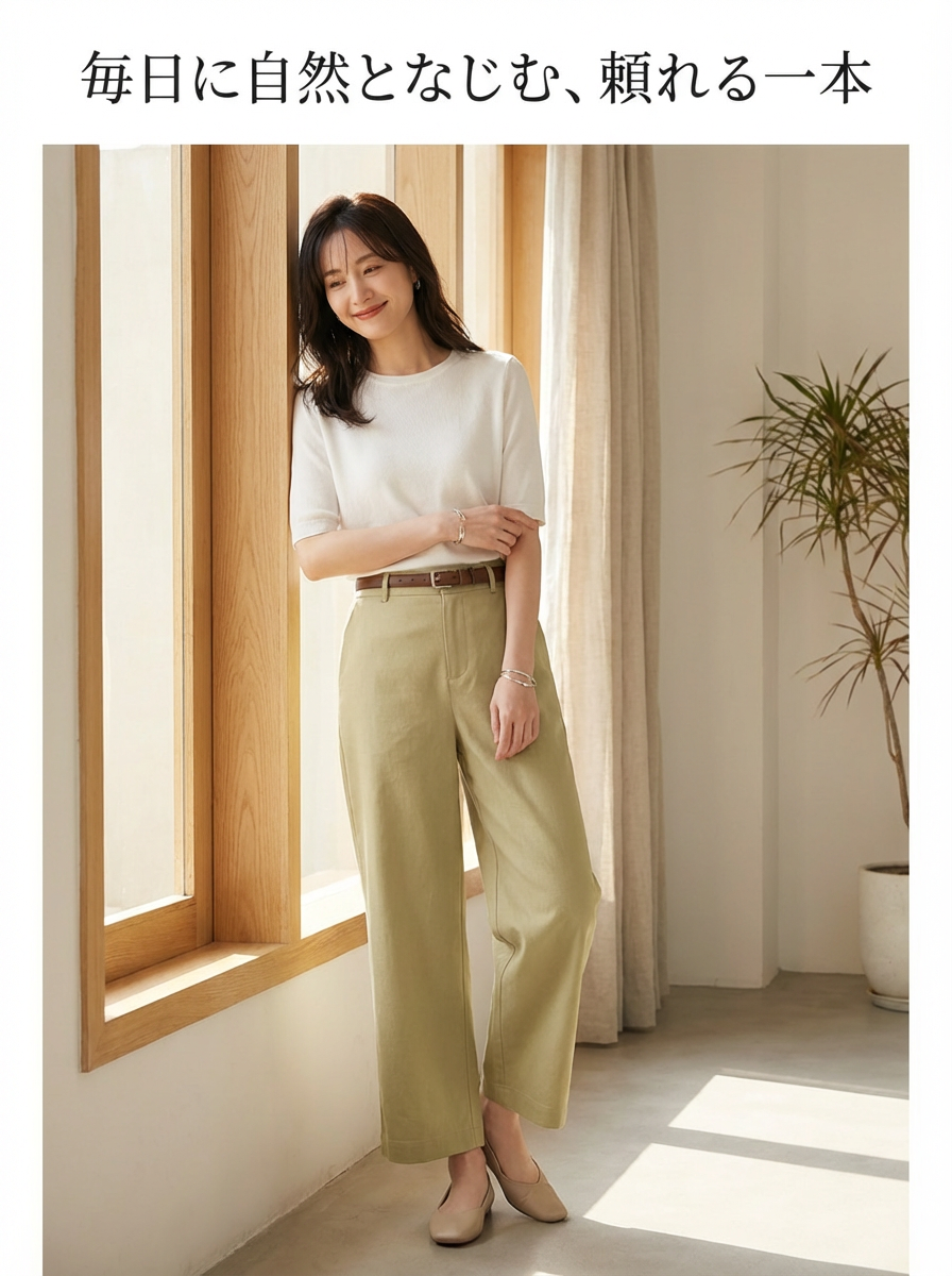 【ヴィンテージ クロップドストレートパンツ】ハイウエスト・バックポケットフラップ付き。軽やかな素材でスタイルアップ、通勤にも上品さをプラス