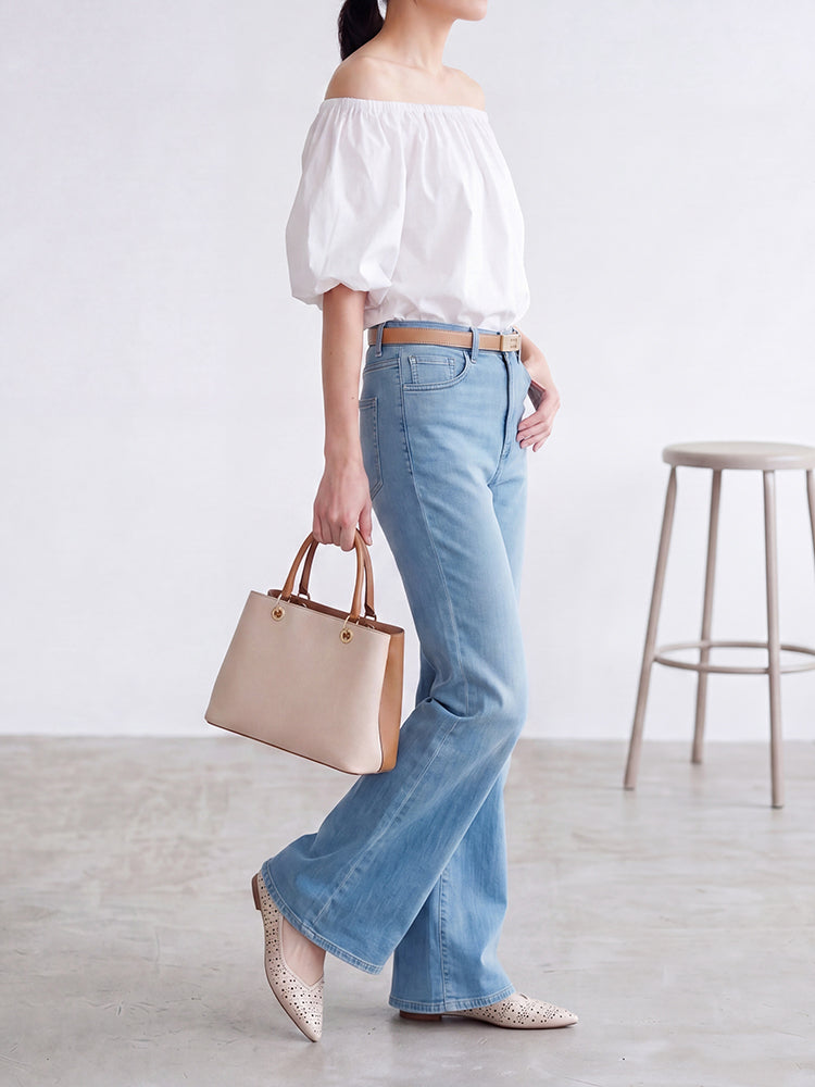 【ドレープハイウエスト微フレアジーンズ】柔らか素材・シワ知らず・脚に貼りつかない・脚長補正・万能シーン対応