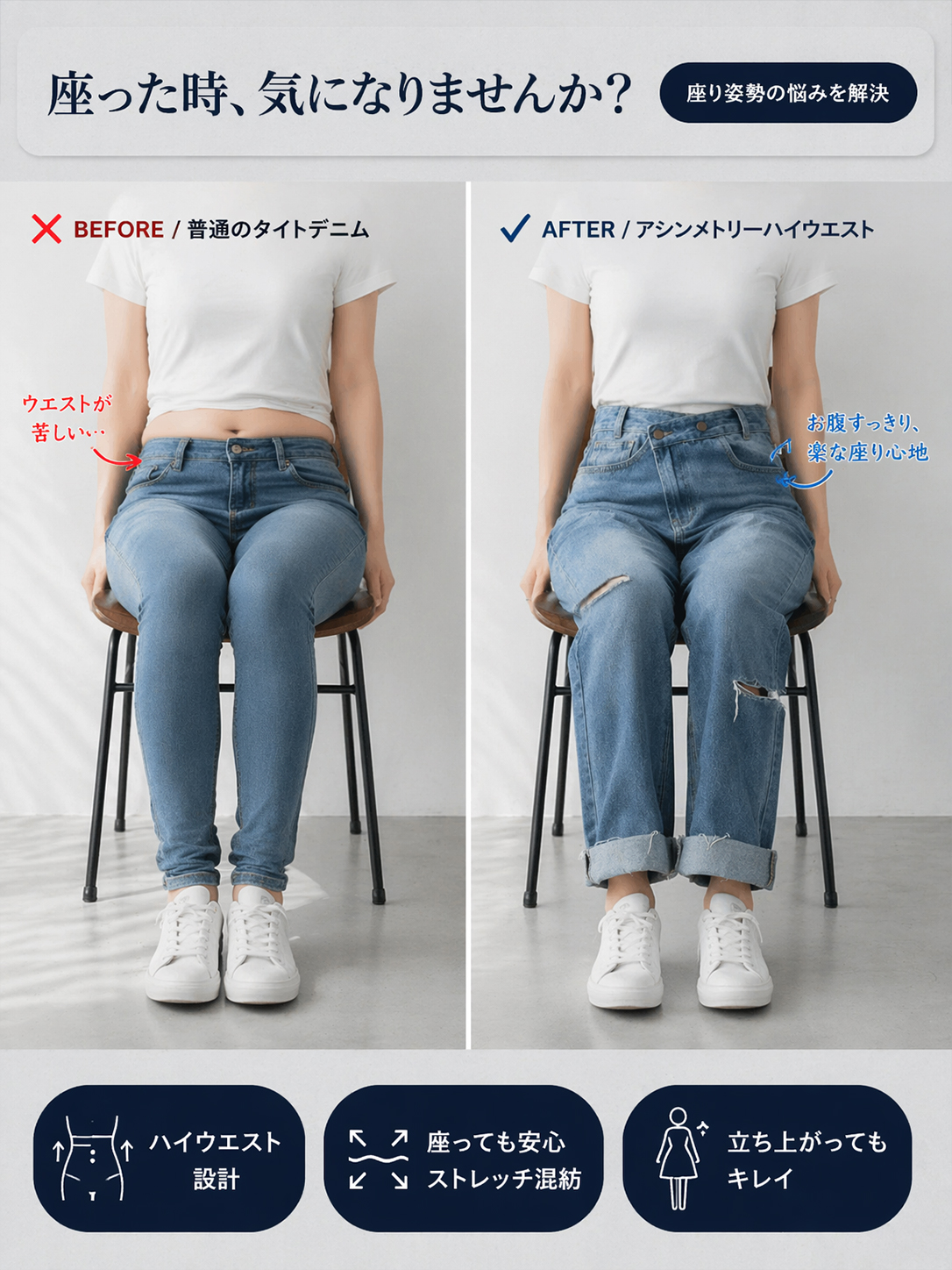 【アシンメトリーハイウエストゆったりダメージジーンズ】非対称クロスウエスト、上品な膝上ダメージ、ヴィンテージほつれ加工。ハリのあるエアリーワイドシルエット。-sosove