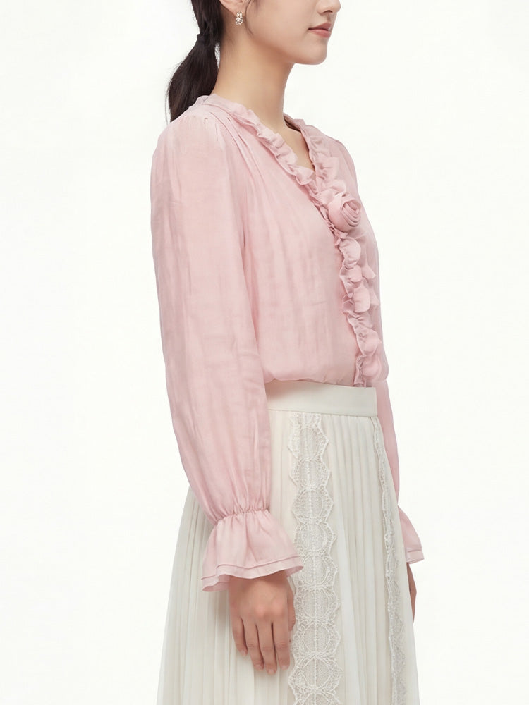 【フレンチシャツ】フリル & 立体フラワーで優しい雰囲気、薄手で通気性抜群、軽やかな着心地