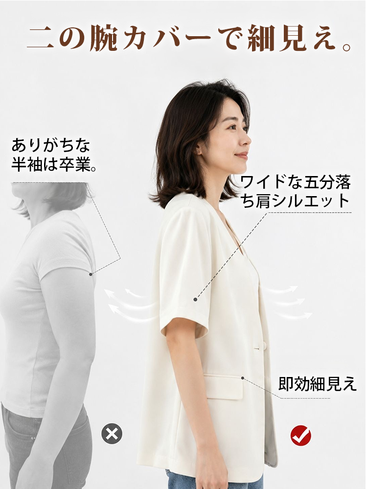 【アセテートサテン半袖ジャケット】すっきりとしたノーカラーディープVと、ゆったりとした五分袖のシルエットが、二の腕を優しくカバーしながら、ペーパーライクなほどに洗練された姿を彫り出します。