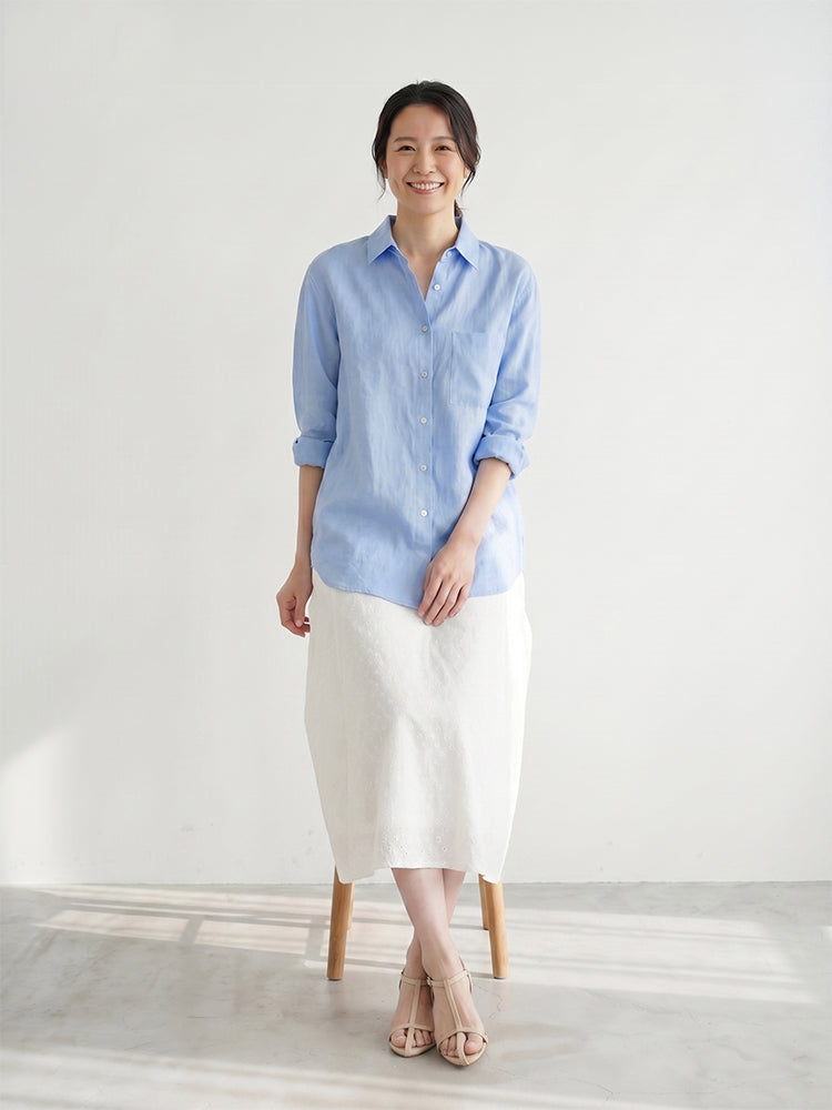 【リネン刺繍ゆったりシャツ】天然エアコン素材、通気性・吸水性に優れ、エコで生分解対応、通勤・普段使いに