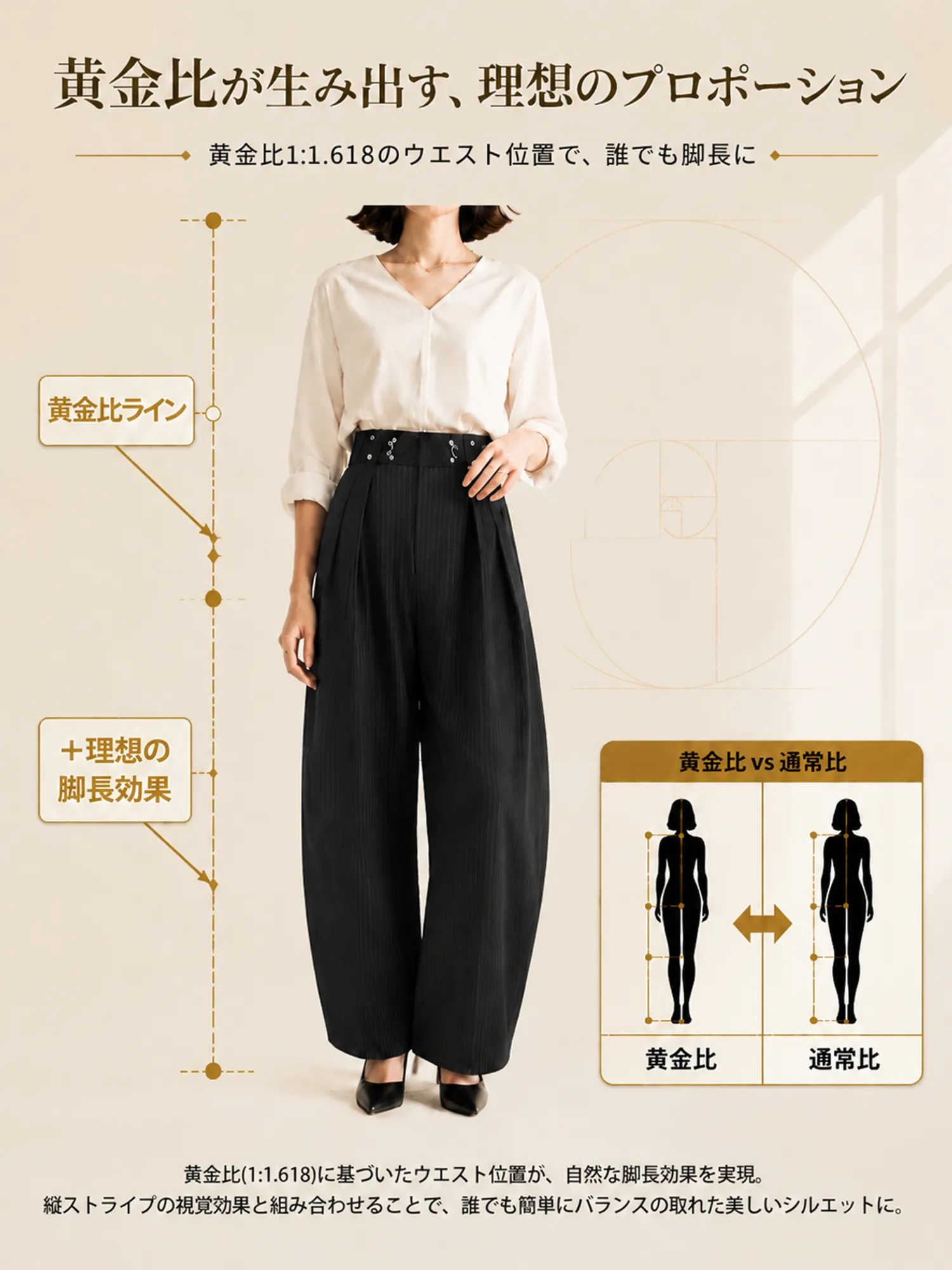 【上品リュクス メタルバックル付き タック入りストライプスラックス 】 メタルバックルがウエストを美しくマーク。