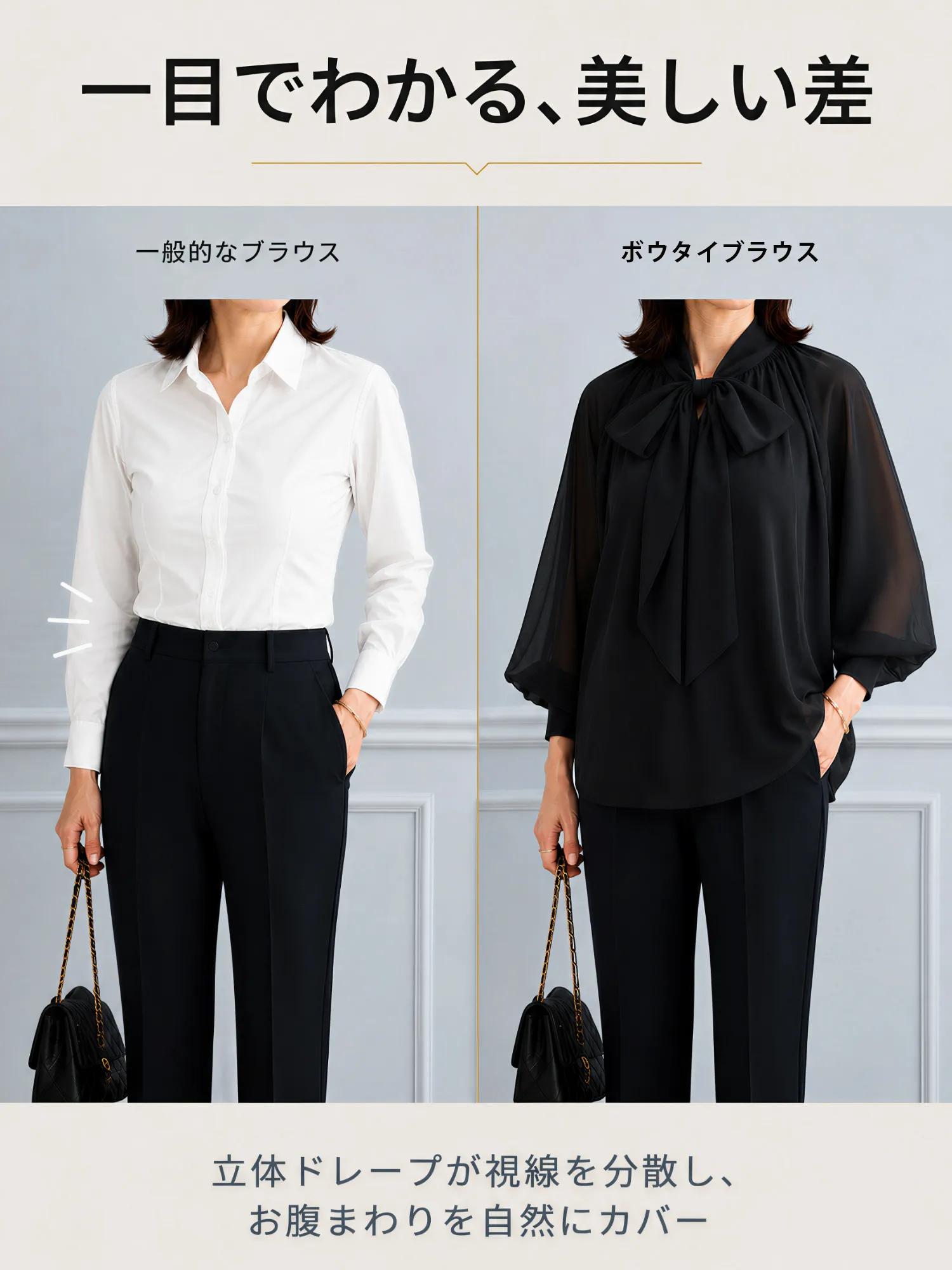 【前後2WAY着用・着痩せ見えボウタイブラウス】 立体感のある大きめボウタイを前後どちらでも楽しめる2WAYデザイン。気分に合わせて着こなしを変えられ、大人女性らしい上品で華やかな印象に仕上がります。