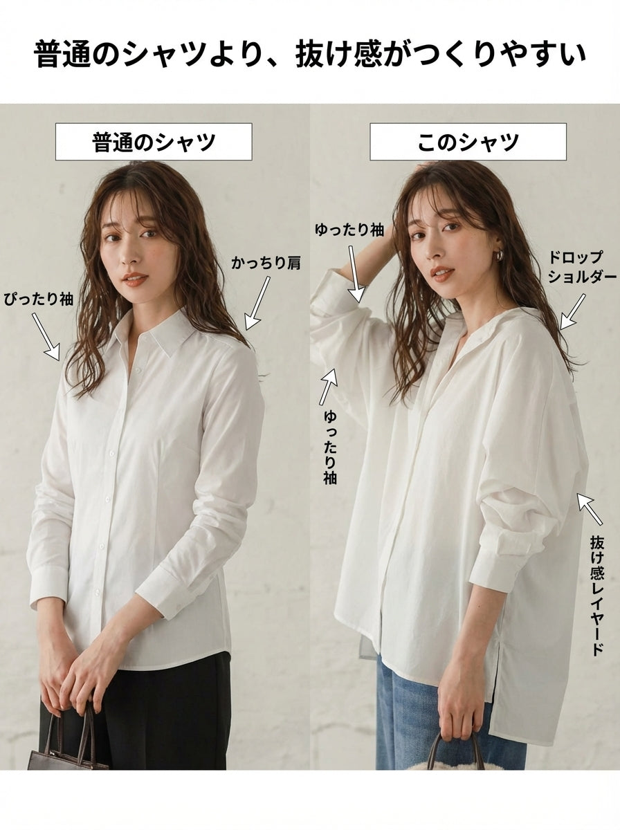 【ドルマンスリーブロングシャツ】スタンドカラー、前短後長スリット、ゆったりシルエットでストレスフリー、上品で合わせやすい
