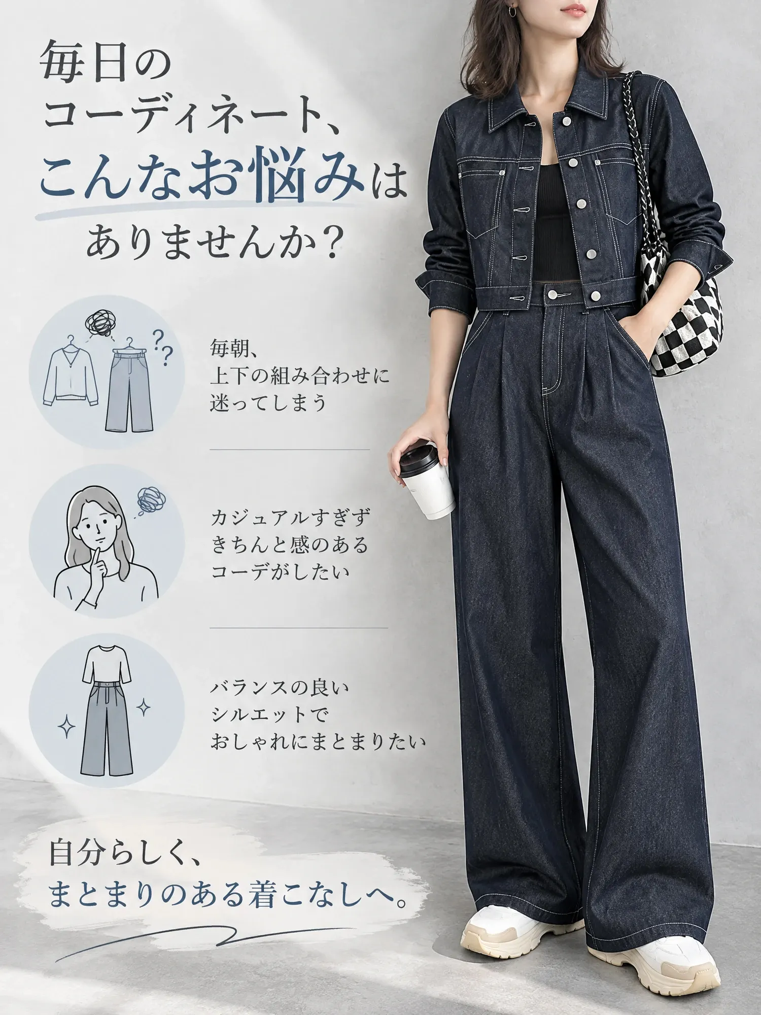 【スカーフ付き】デザインボタン短丈デニムジャケット＆ハイウエストワイドパンツセットアップ