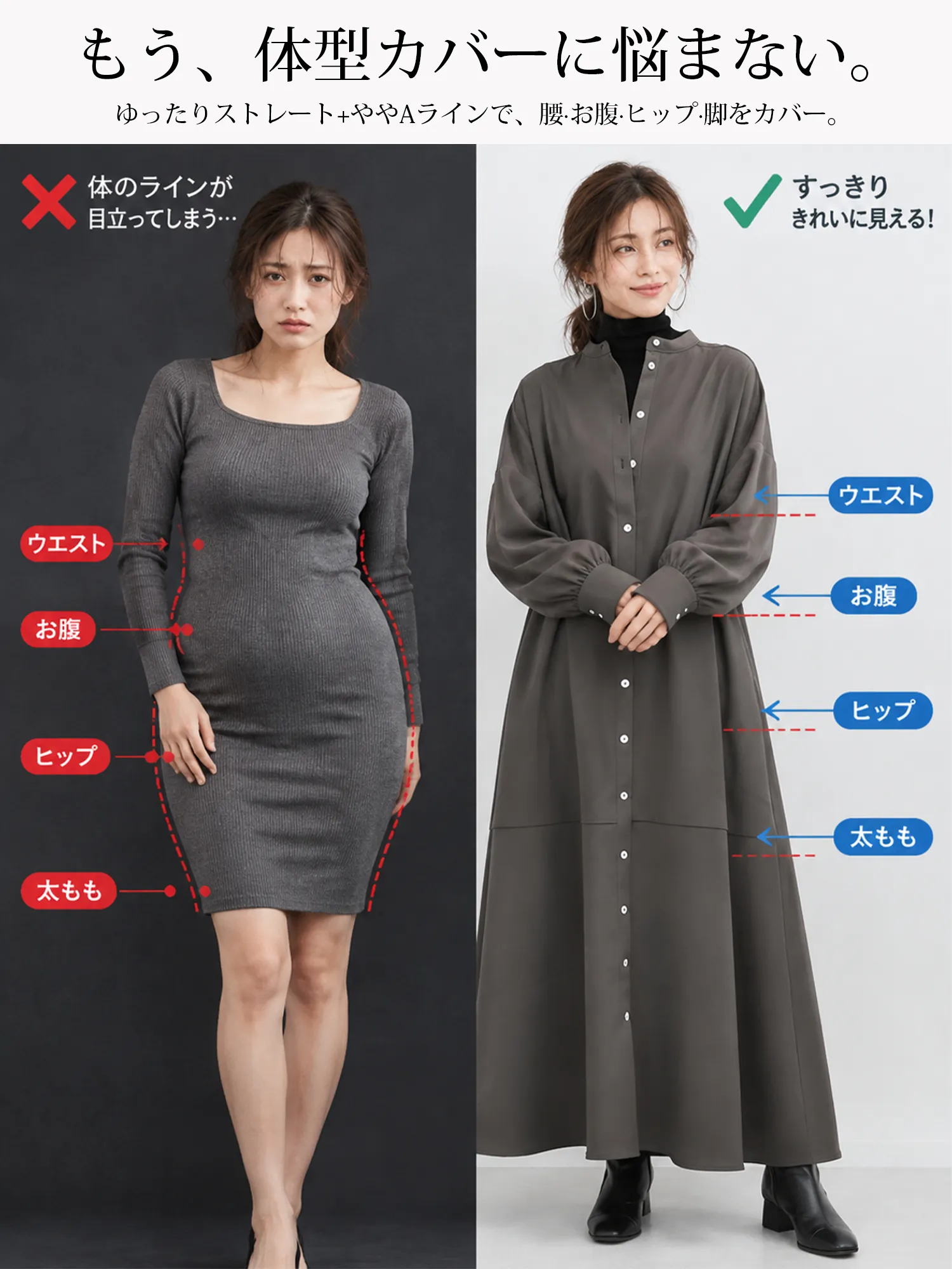 【ゆったり着やせ見え 長袖シャツワンピース】