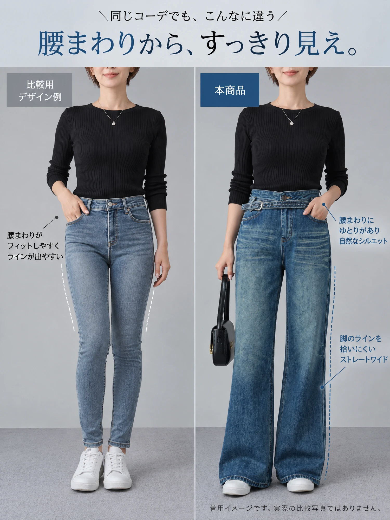 【デザインベルト付きウォッシュドデニムパンツ】
