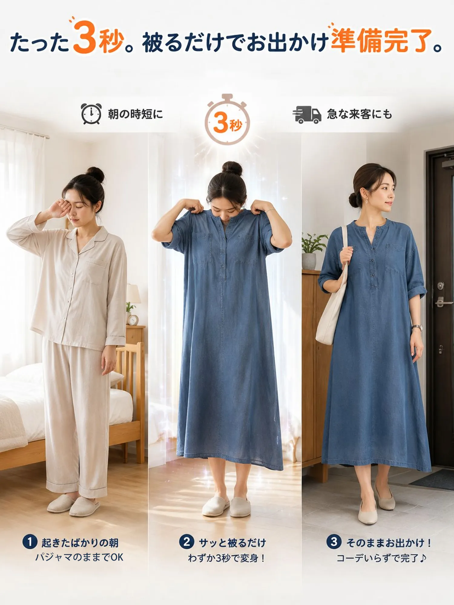 【ヴィンテージ風ルーズデニムシャツワンピース】ゆったりとしたストレートシルエットが、ウエスト・ヒップ・脚のラインを自然にカバー